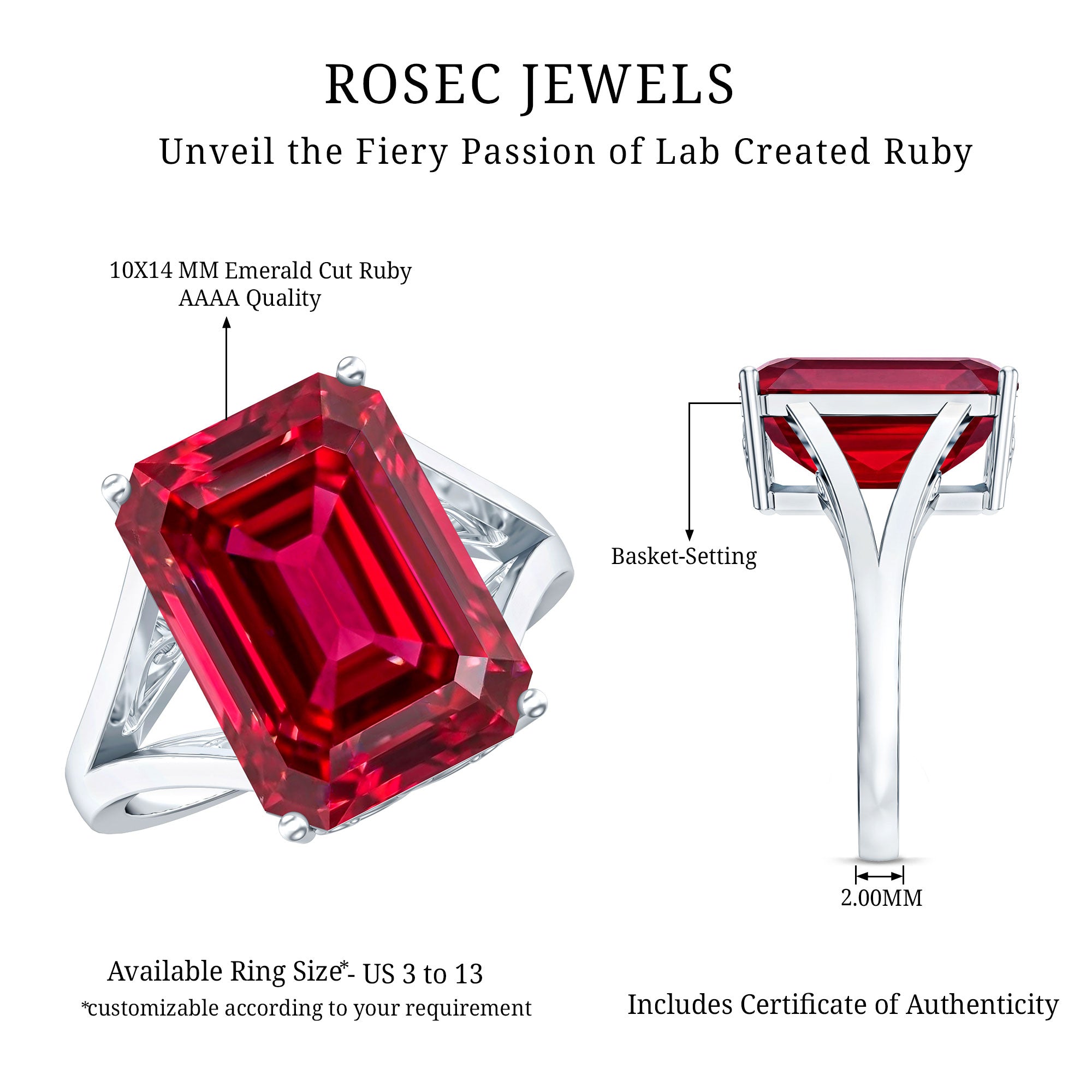 Lab Grown Ruby 10X14 MM Emerald Cut Engagement Ring with Split Shank AAAA - Rosec Jewels