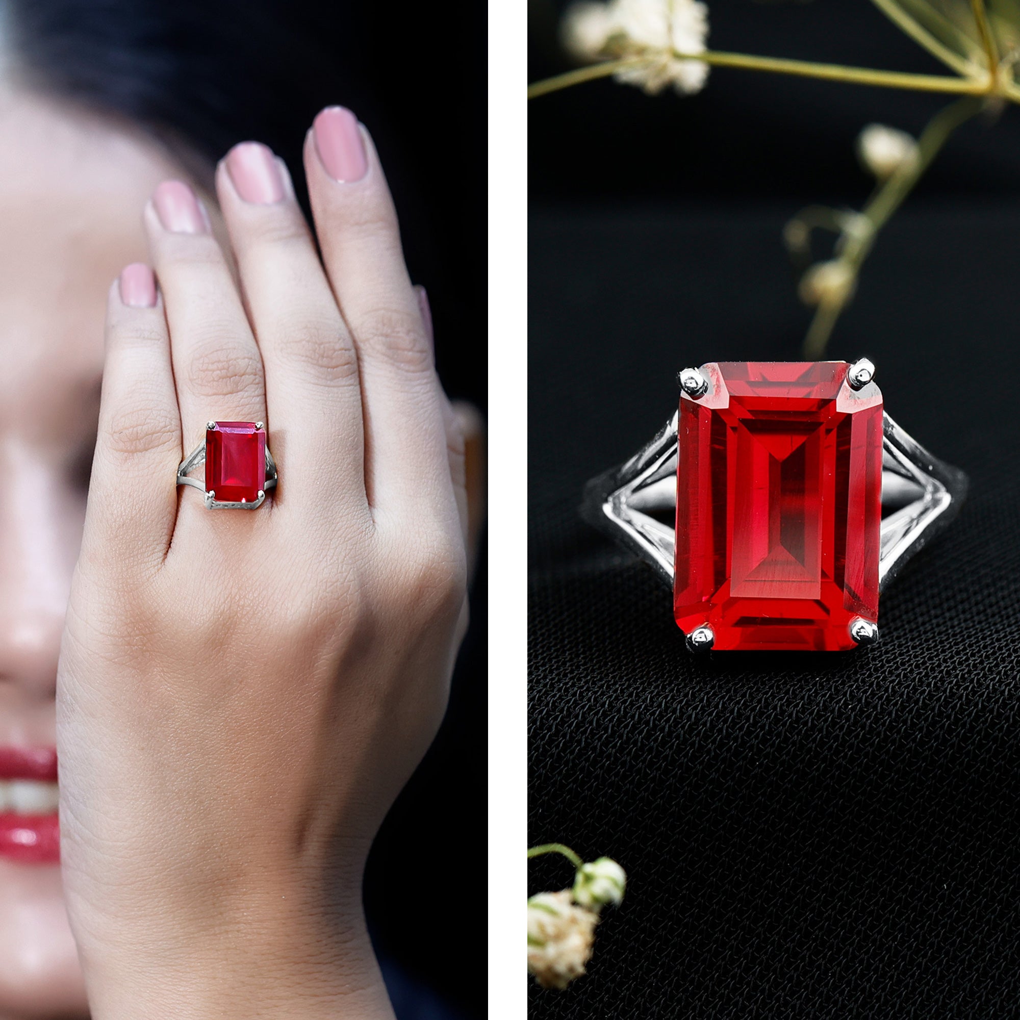 Lab Grown Ruby 10X14 MM Emerald Cut Engagement Ring with Split Shank AAAA - Rosec Jewels