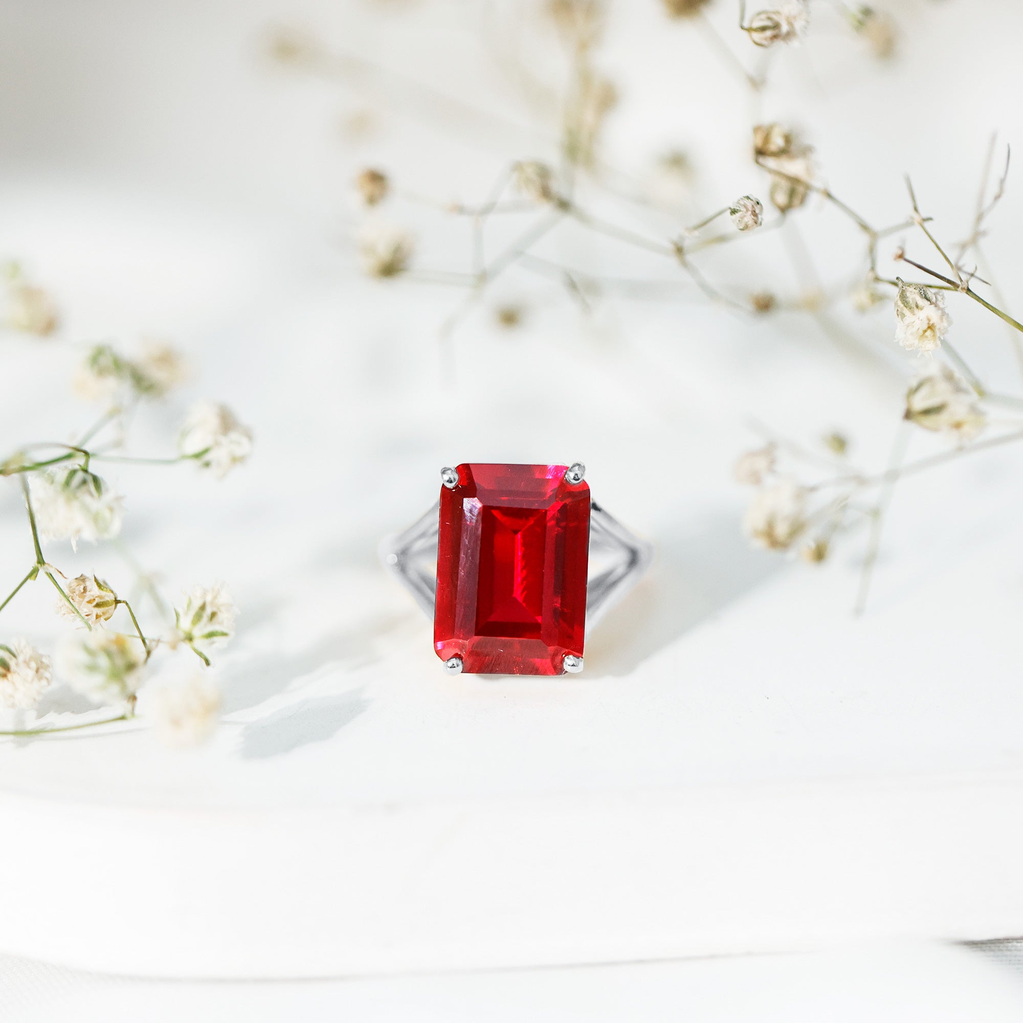 Lab Grown Ruby 10X14 MM Emerald Cut Engagement Ring with Split Shank AAAA - Rosec Jewels