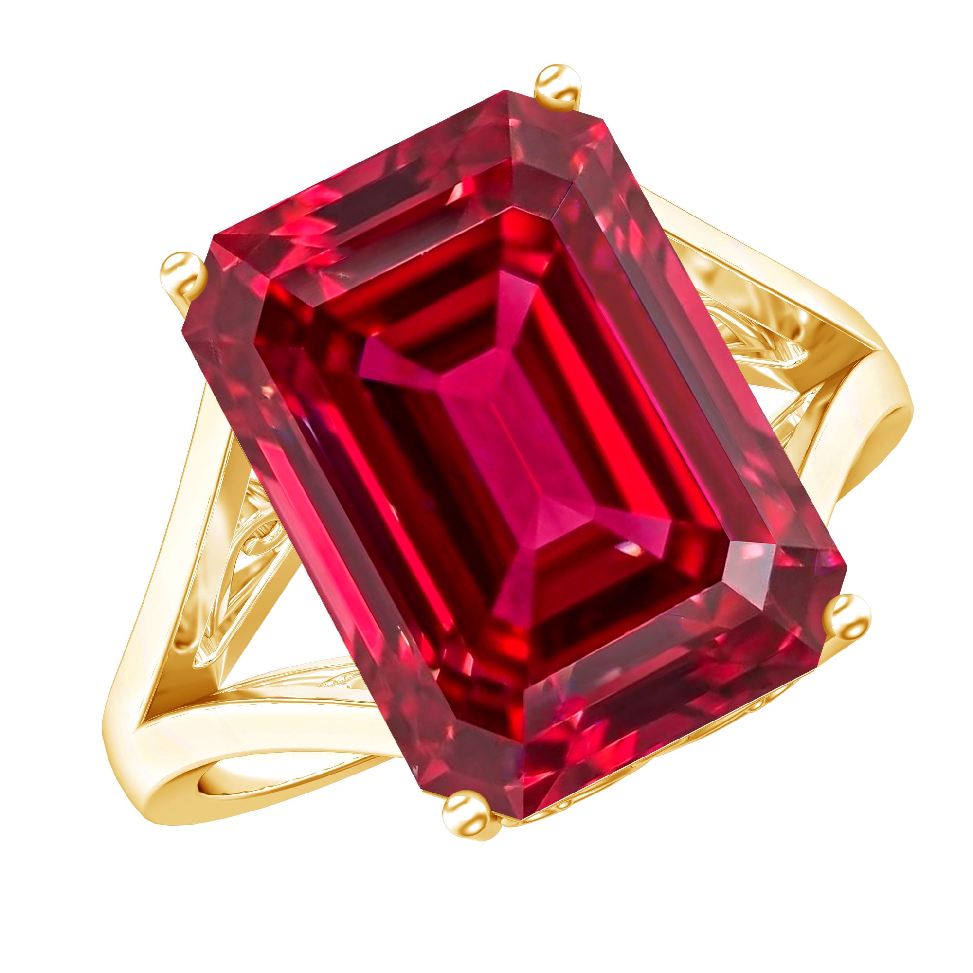 Certified 5 Carat Emerald Cut Lab Grown Ruby Engagement Ring with Split Shank AAAA 14K Yellow Gold Plated Silver - Rosec Jewels