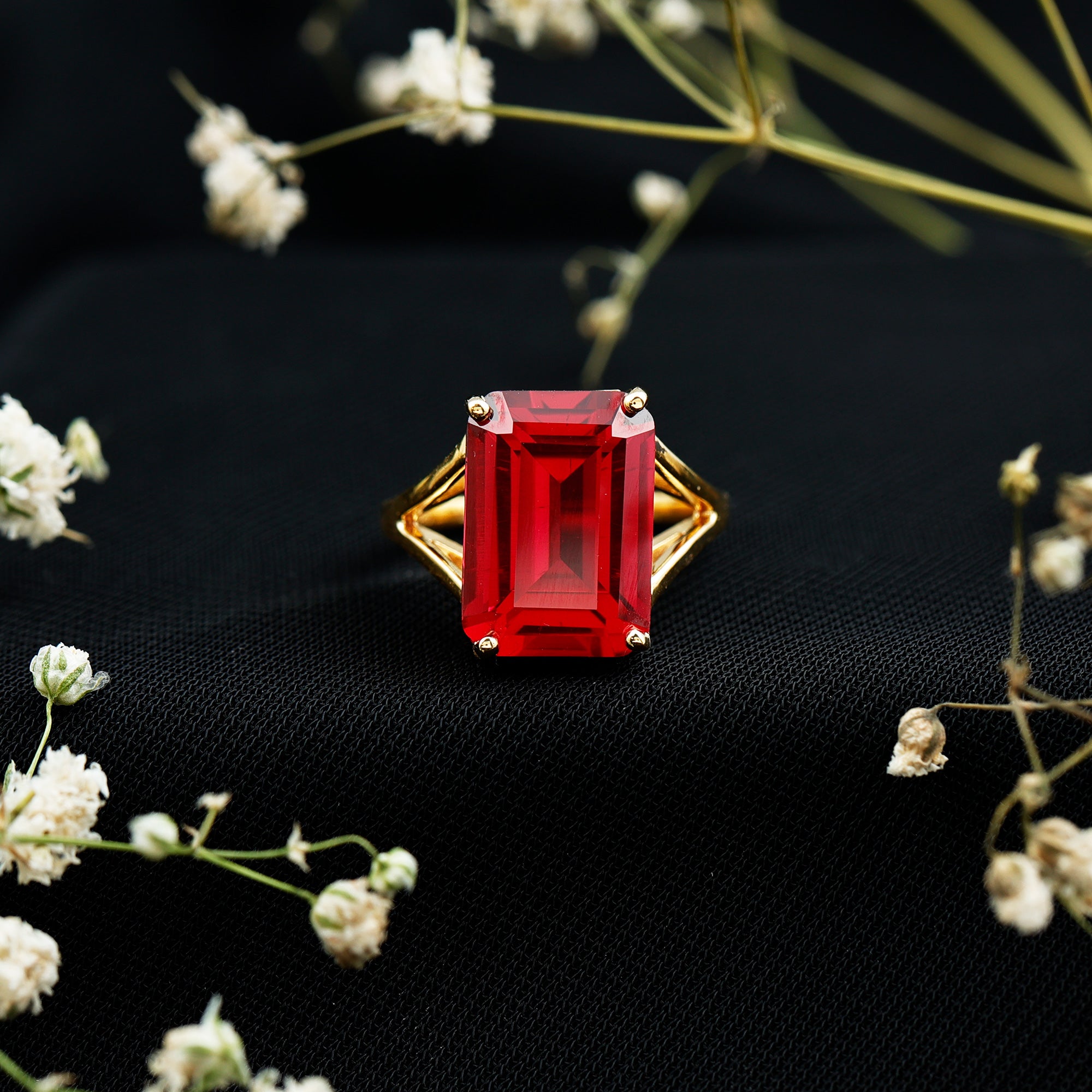 Lab Grown Ruby 10X14 MM Emerald Cut Engagement Ring with Split Shank AAAA - Rosec Jewels