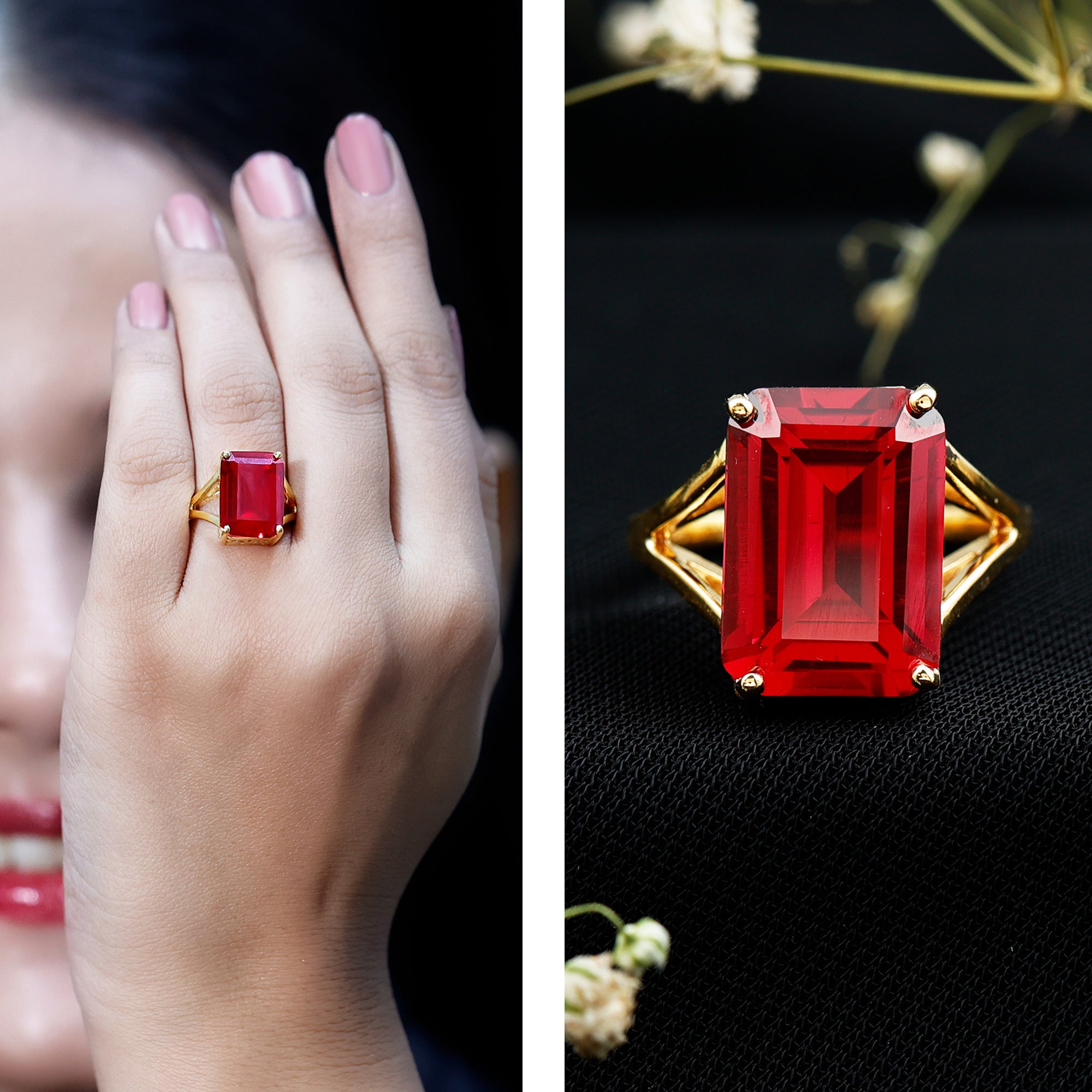 Certified 5 Carat Emerald Cut Lab Grown Ruby Engagement Ring with Split Shank AAAA 14K Yellow Gold Plated Silver - Rosec Jewels