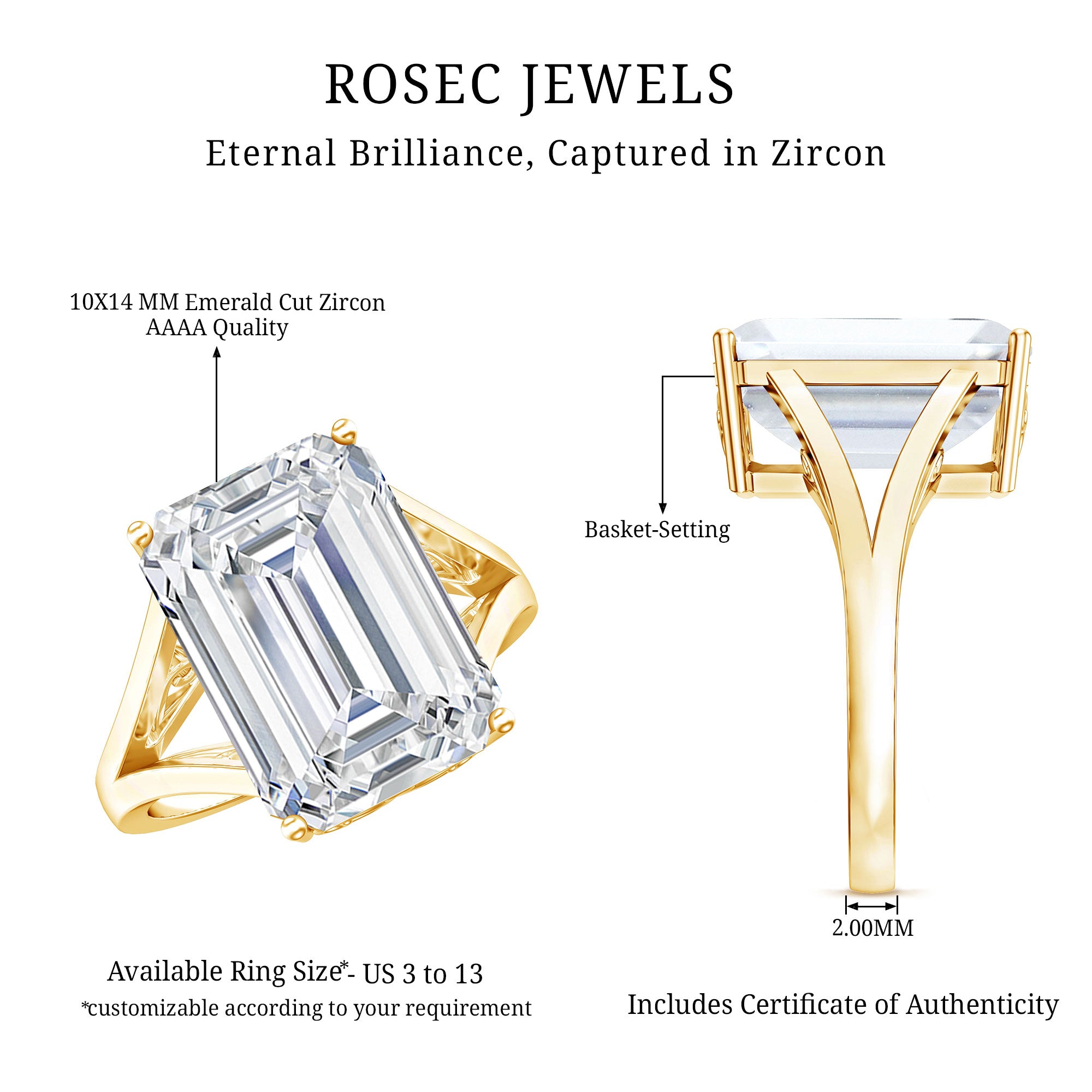 Certified 9 Carat Emerald Cut Cubic Zirconia Engagement Ring in Silver AAAA 14K Yellow Gold Plated Silver - Rosec Jewels