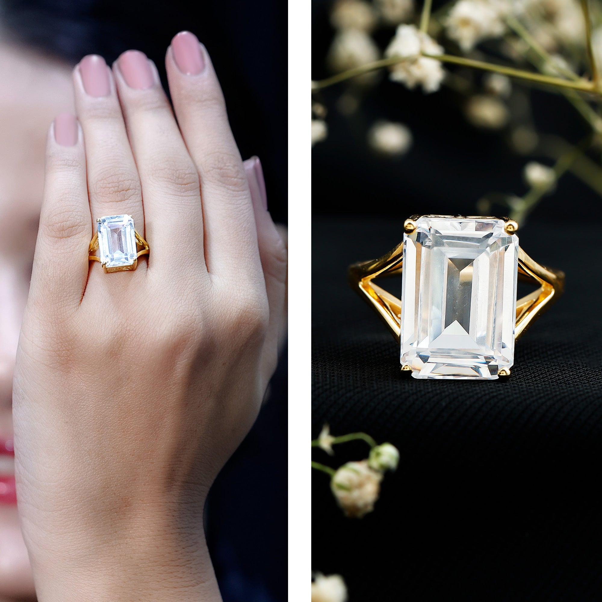 Certified 9 Carat Emerald Cut Cubic Zirconia Engagement Ring in Silver AAAA 14K Yellow Gold Plated Silver - Rosec Jewels
