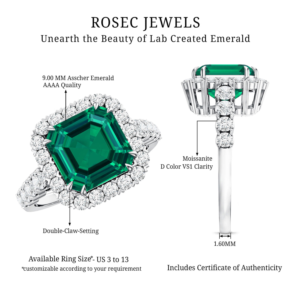 Rosec Jewels-2.5 Carat Lab Created Emerald Asscher Cut Engagement Ring with Halo