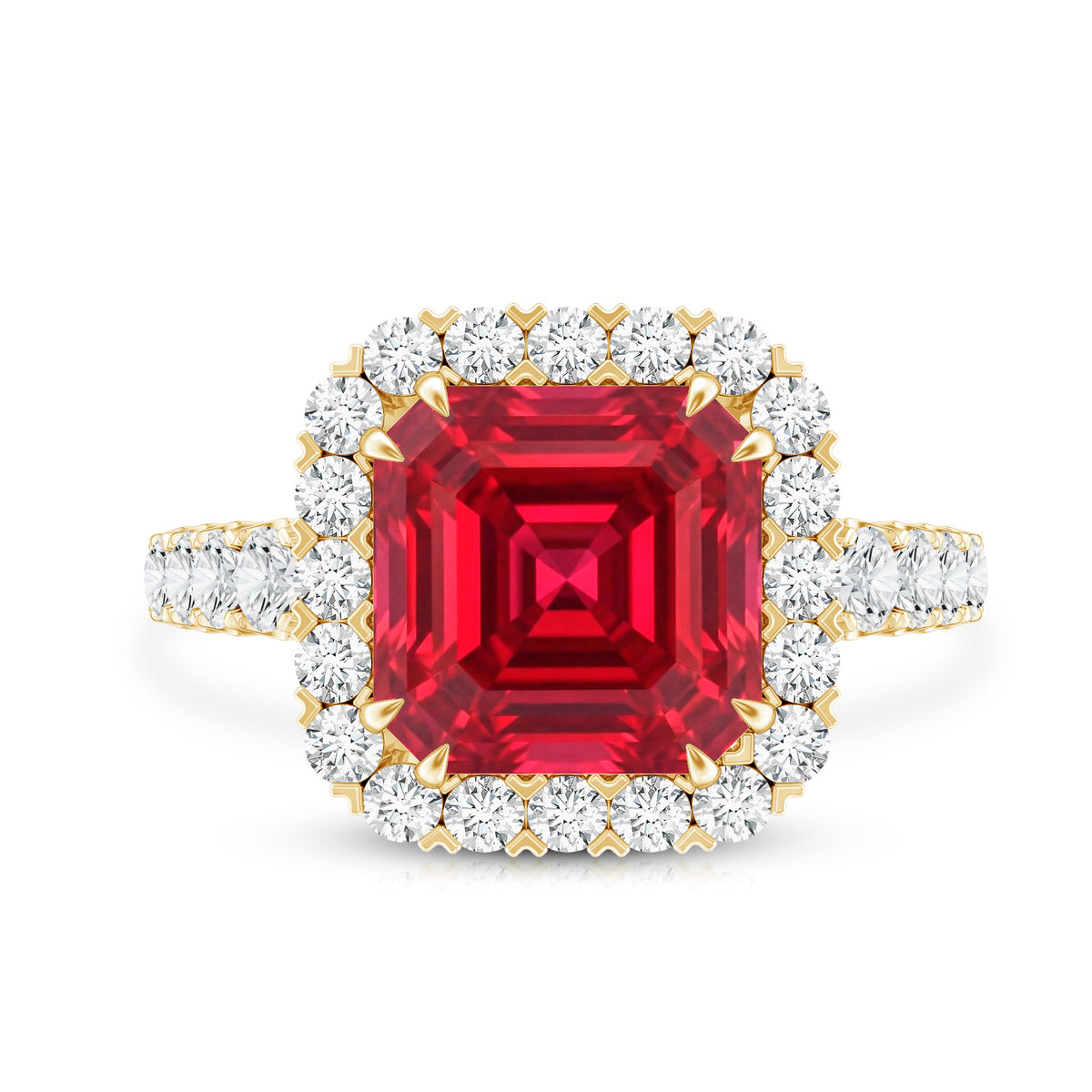 Rosec Jewels-2.5 Carat Asscher Cut Lab Created Ruby Halo Engagement Ring with Moissanite