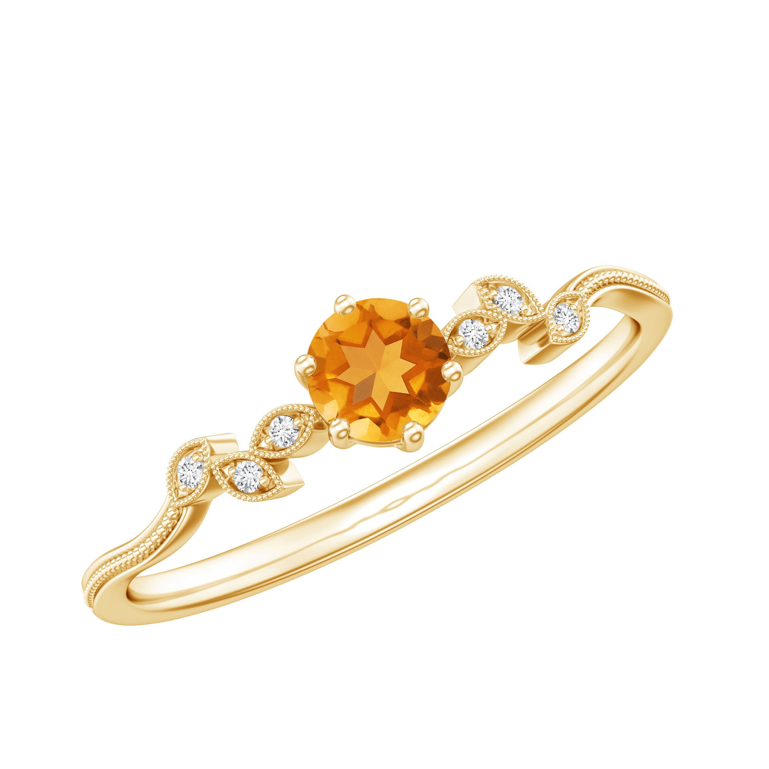 Nature Inspired Citrine and Diamond Proposal Ring for Her AAA 14K Yellow Gold Plated Silver - Rosec Jewels