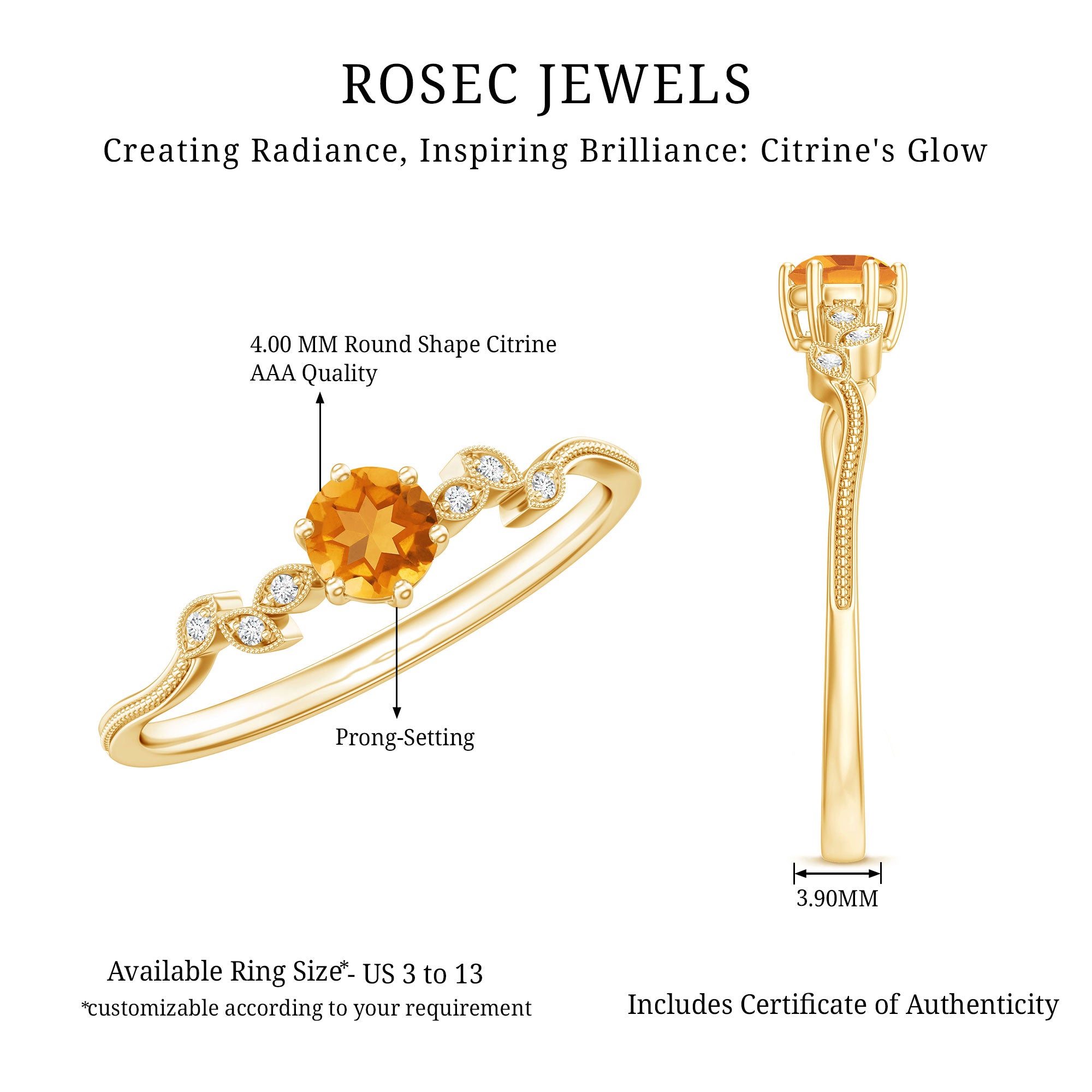 Nature Inspired Citrine and Diamond Proposal Ring for Her AAA 14K Yellow Gold Plated Silver - Rosec Jewels