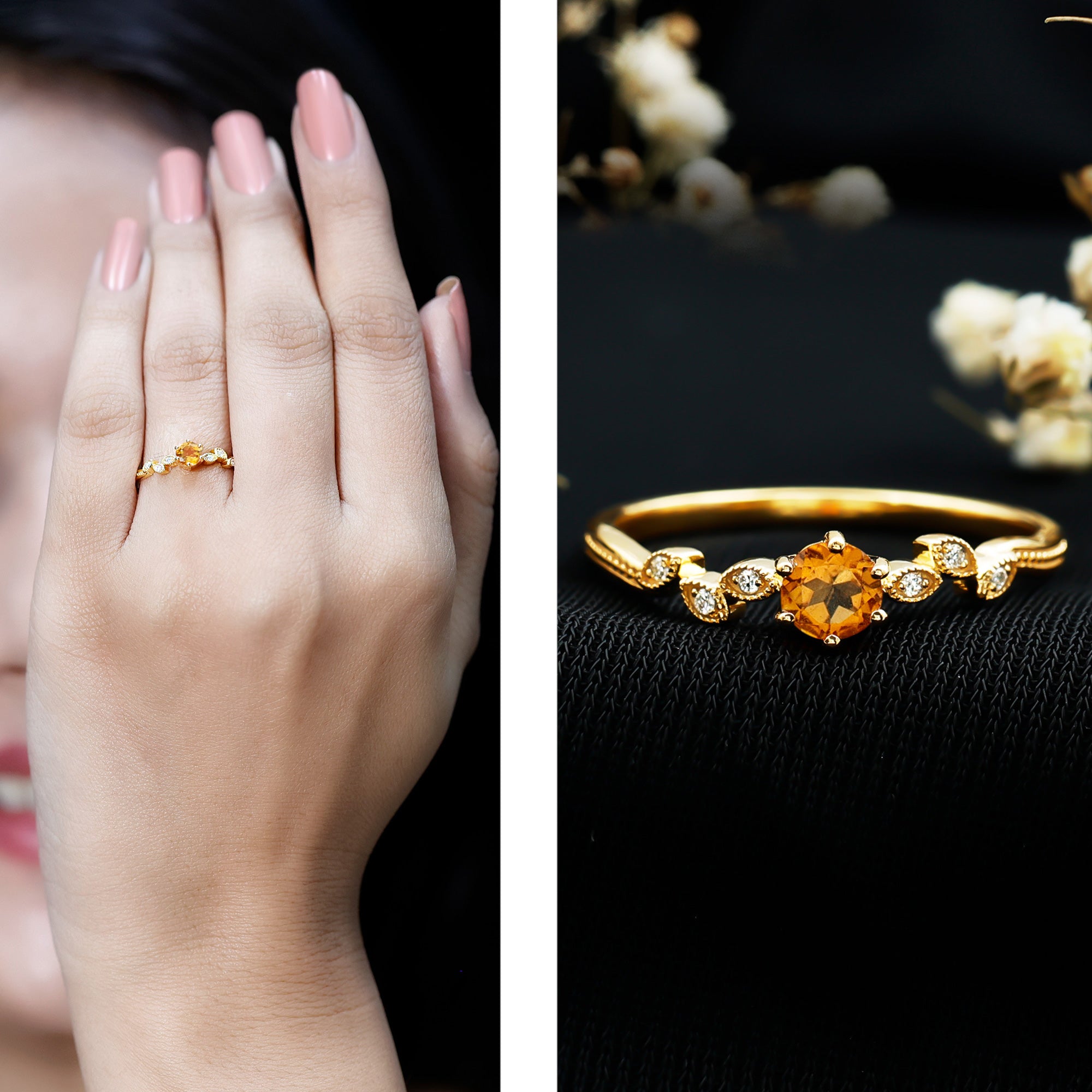 Nature Inspired Citrine and Diamond Proposal Ring for Her AAA 14K Yellow Gold Plated Silver - Rosec Jewels