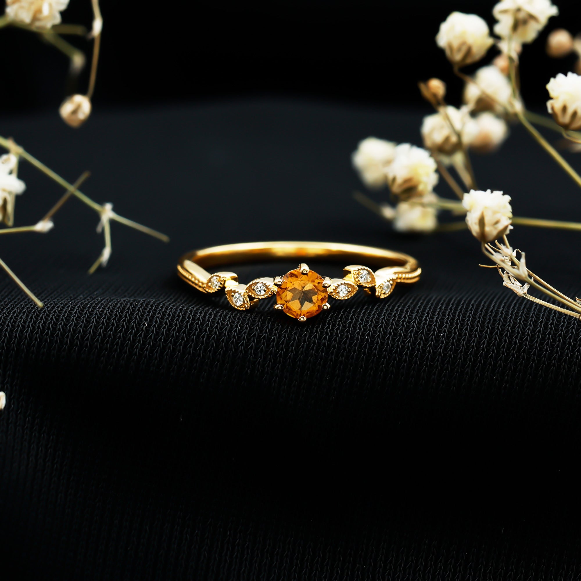 Nature Inspired Citrine and Diamond Proposal Ring for Her AAA 14K Yellow Gold Plated Silver - Rosec Jewels