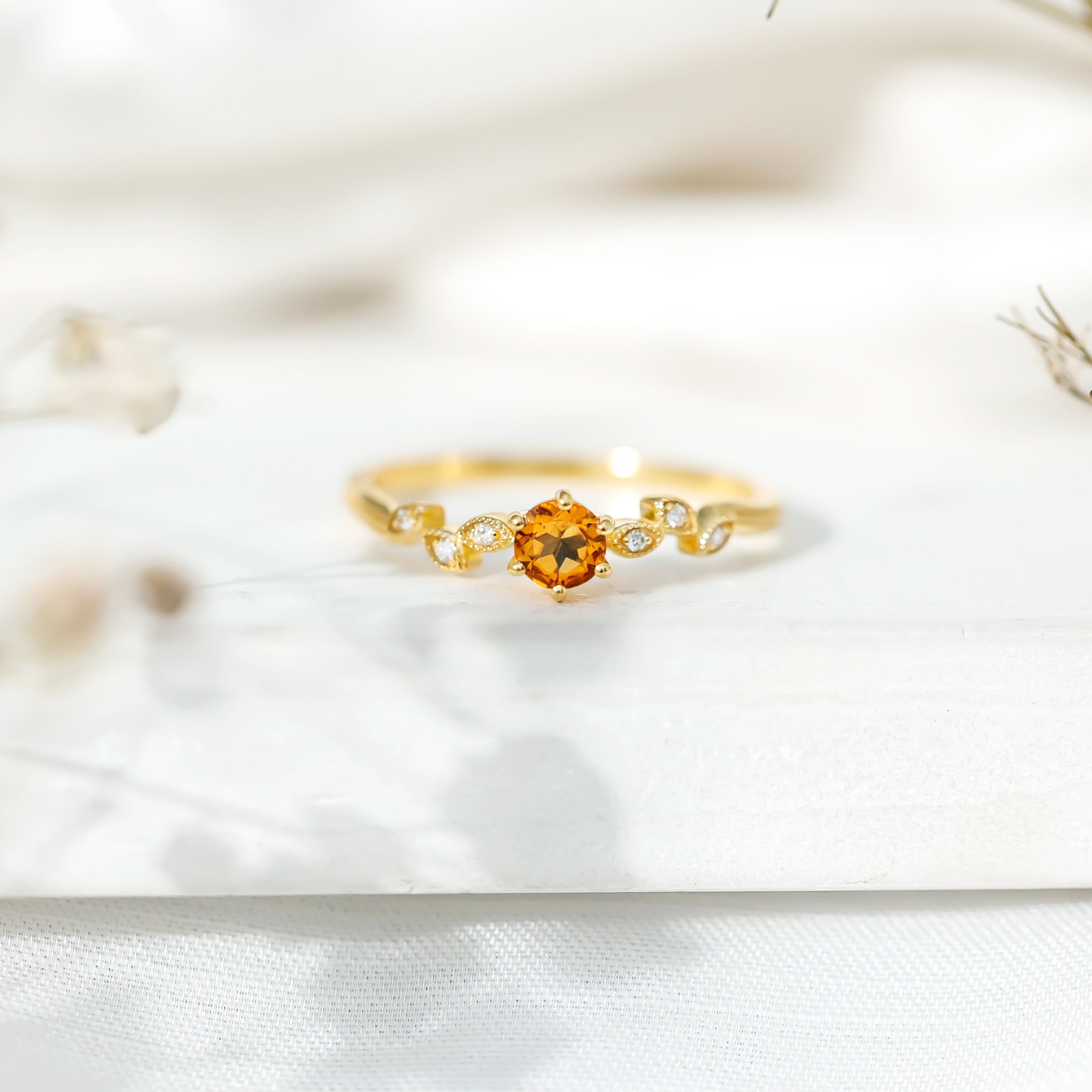 Nature Inspired Citrine and Diamond Proposal Ring for Her AAA 14K Yellow Gold Plated Silver - Rosec Jewels