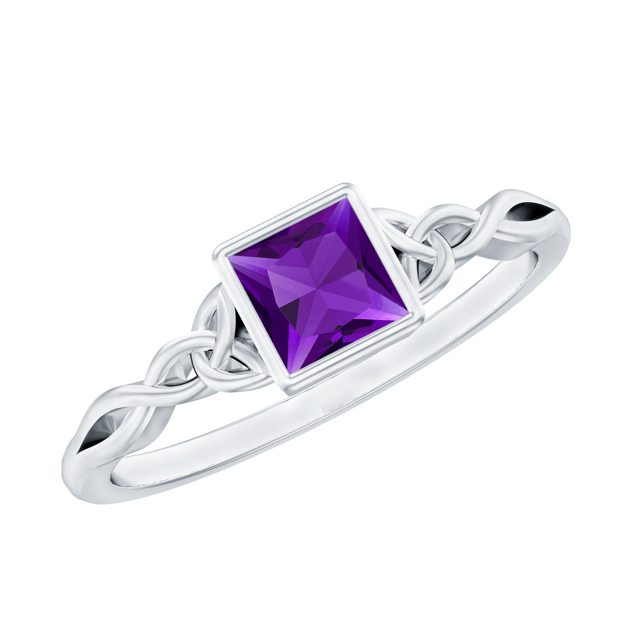 Natural Amethyst Princess Cut Solitaire Celtic Ring in Bezel Setting