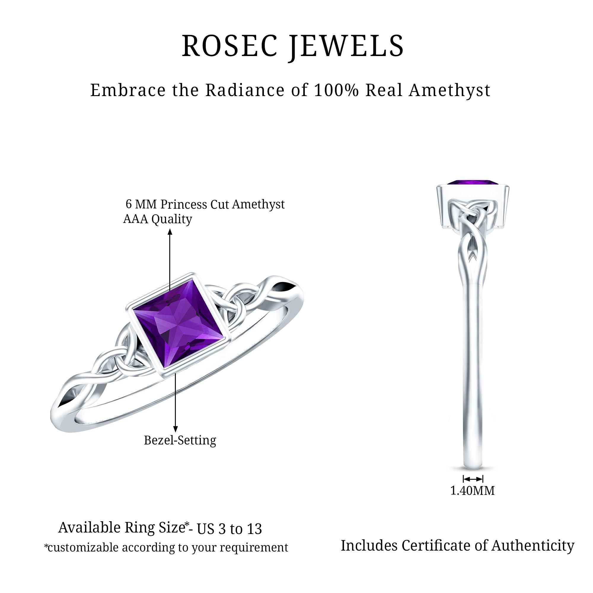 1.2 Carat Princess Cut Amethyst Promise Ring with Celtic Knot AAA - Rosec Jewels
