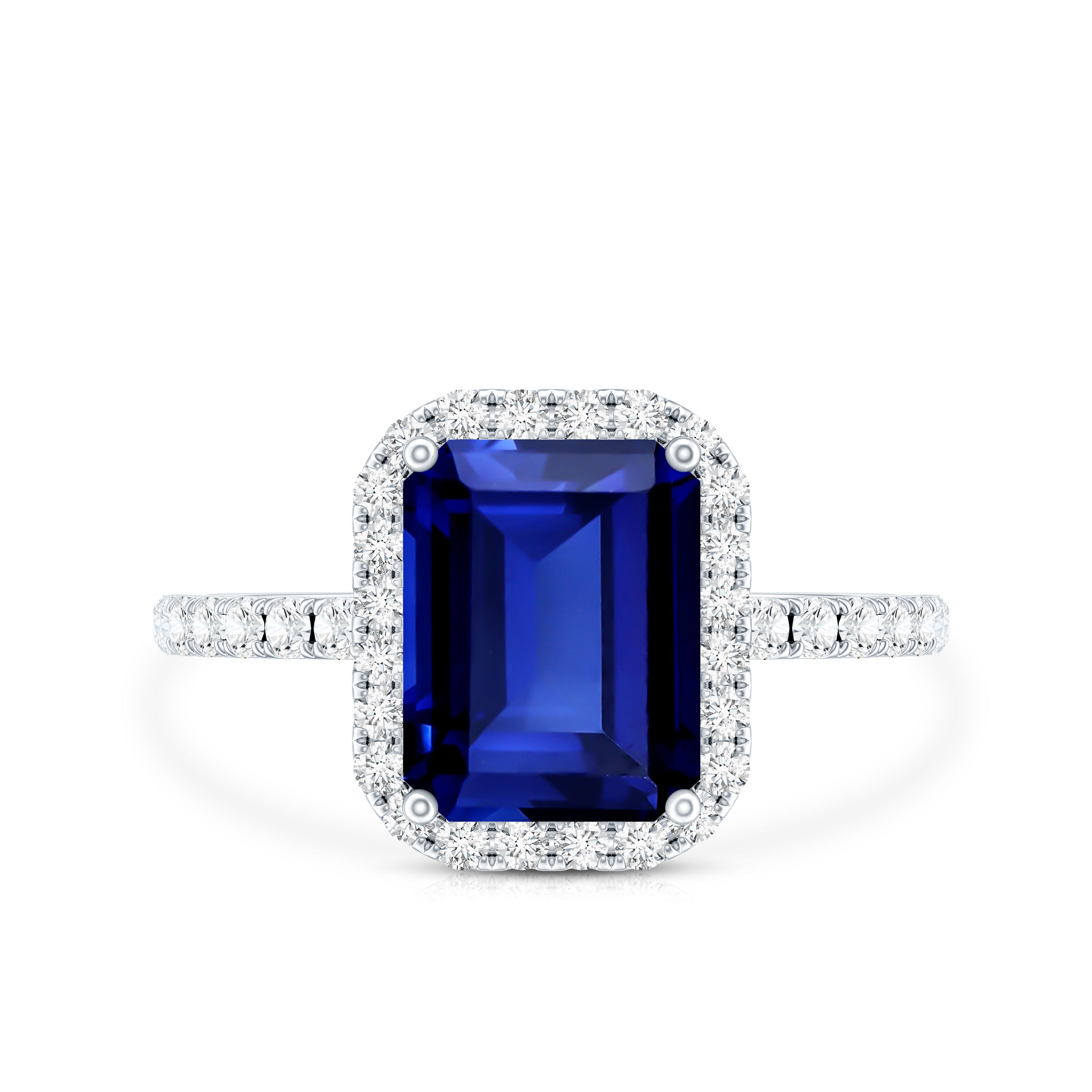 Certified 2.75 Carat Emerald Cut Lab Grown Blue Sapphire Engagement Ring with Diamond Halo AAAA - Rosec Jewels