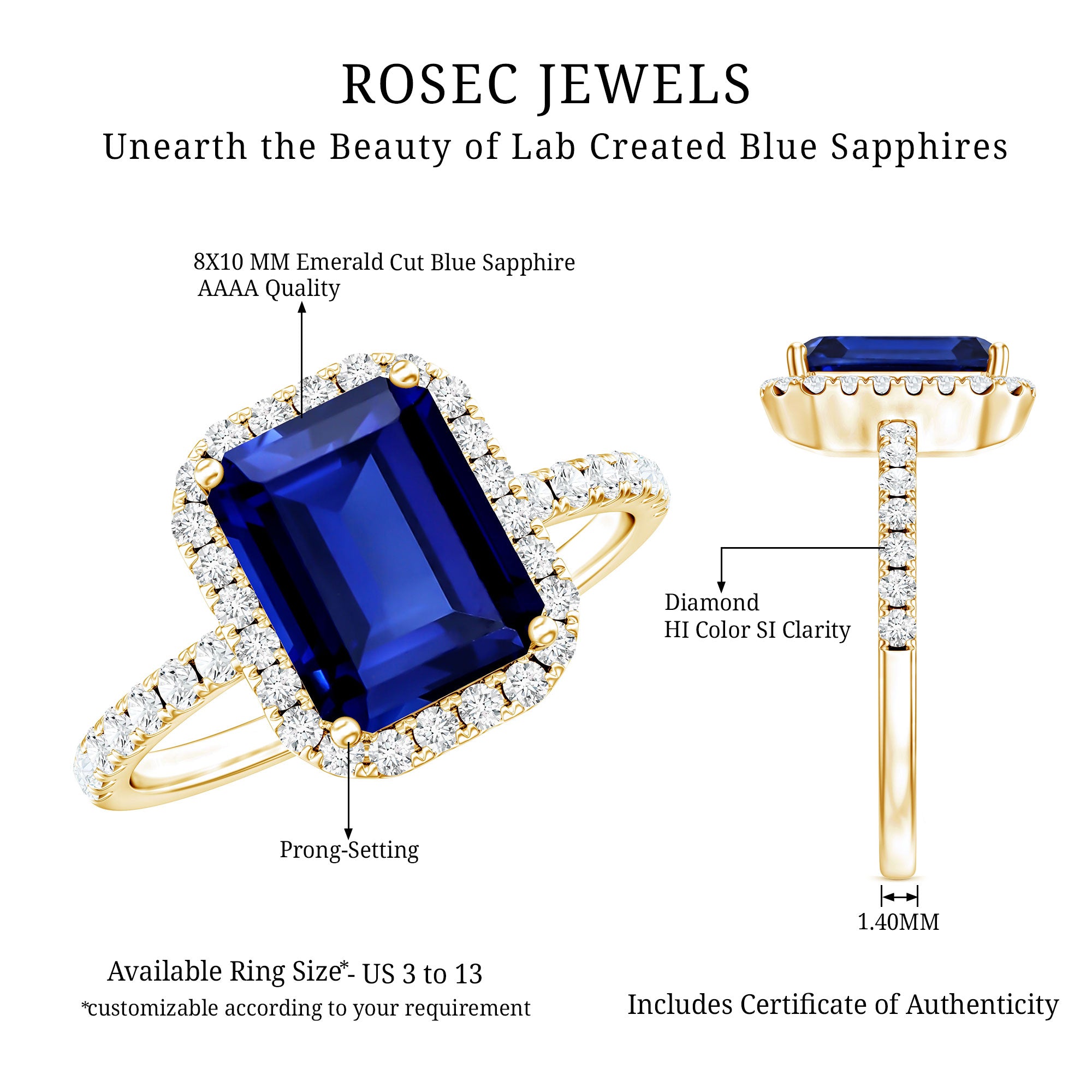 Certified 2.75 Carat Emerald Cut Lab Grown Blue Sapphire Engagement Ring with Diamond Halo AAAA - Rosec Jewels