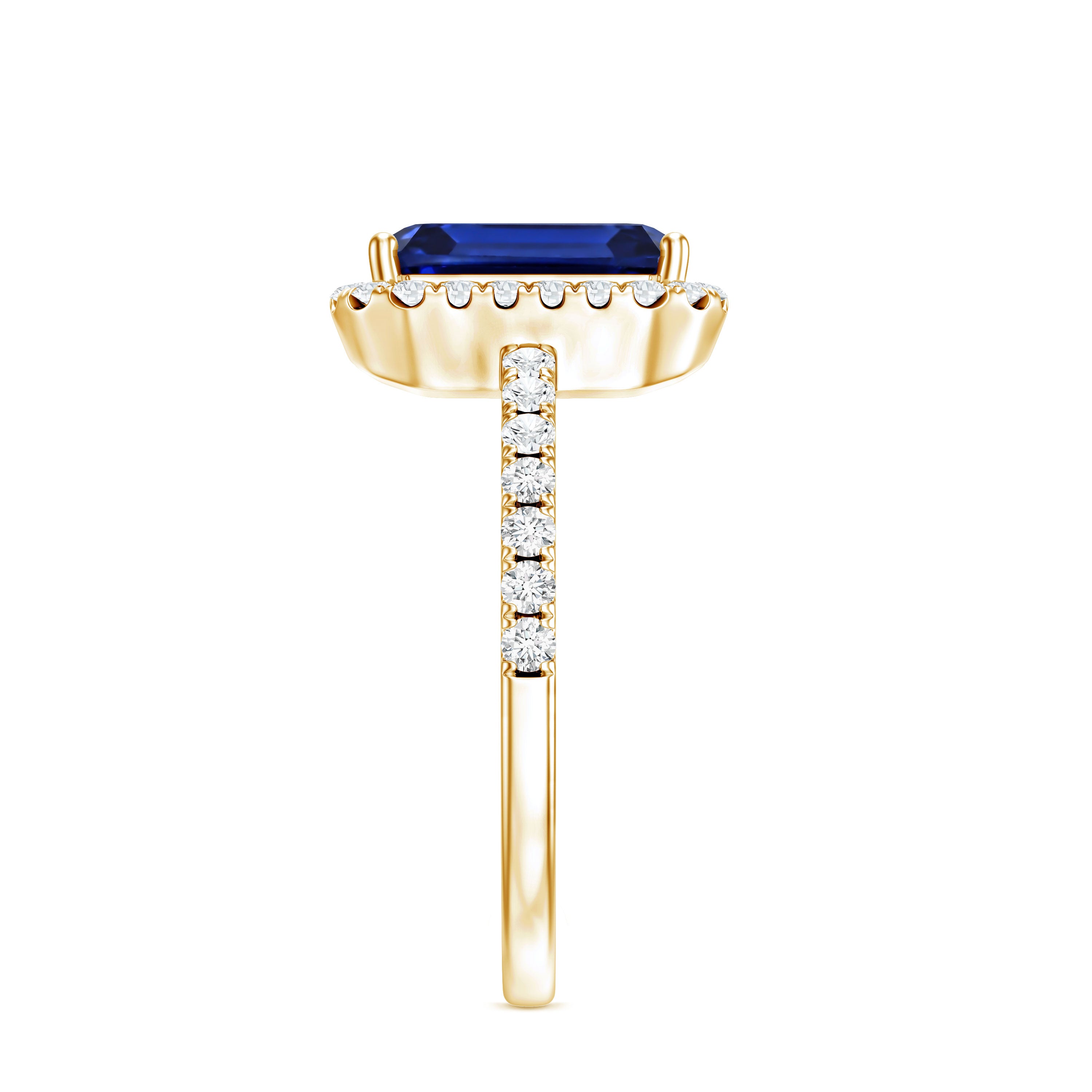 Certified 2.75 Carat Emerald Cut Lab Grown Blue Sapphire Engagement Ring with Diamond Halo AAAA - Rosec Jewels