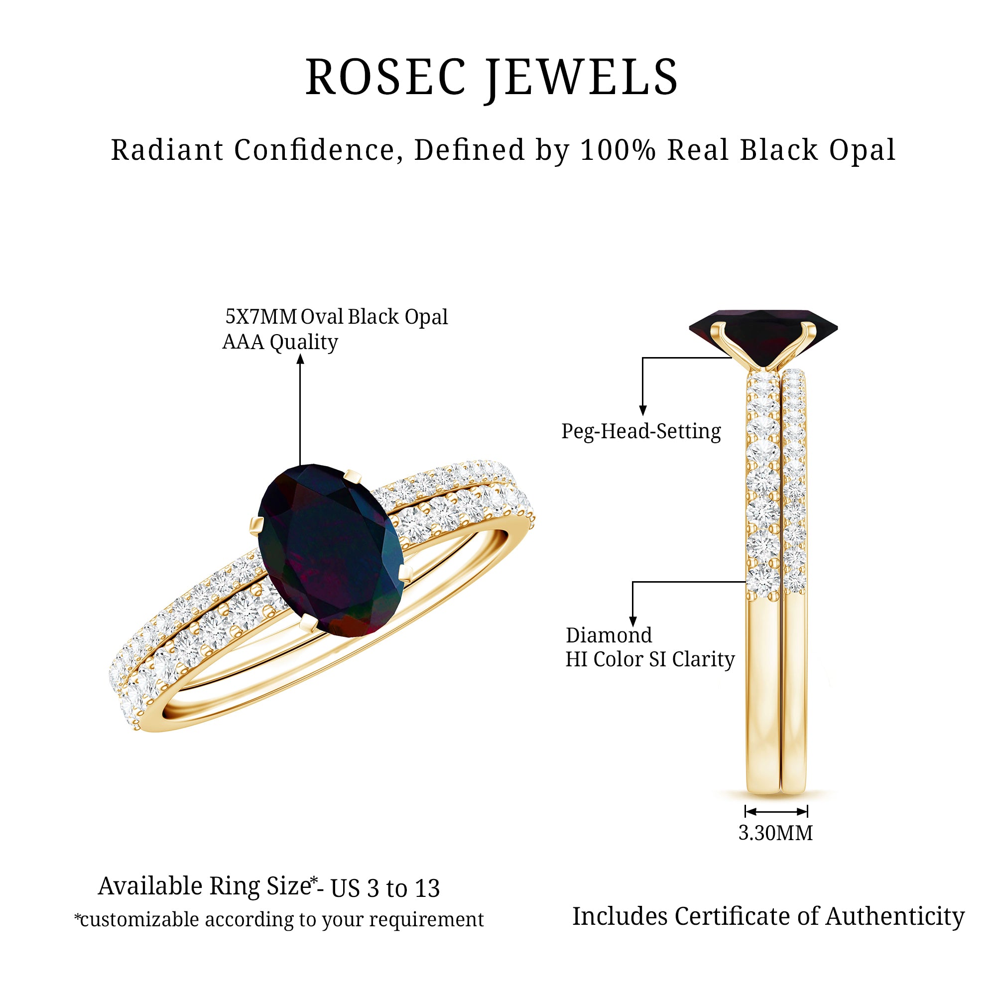 0.9 Carat Oval Cut Black Opal Wedding Ring Set With Diamond AAA - Rosec Jewels