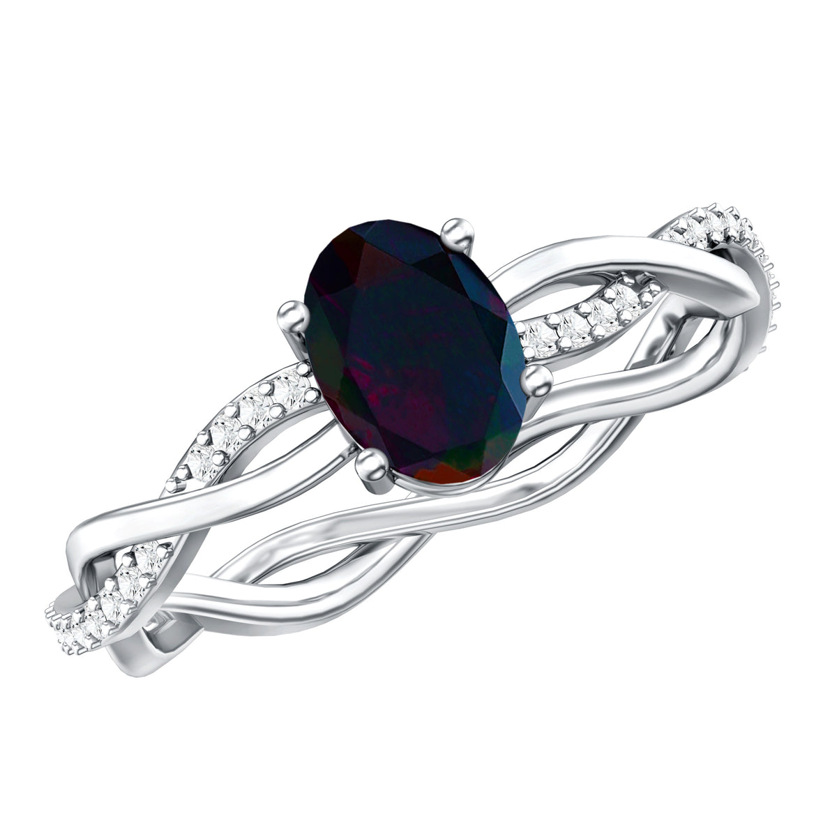 Oval Black Opal and Diamond Braided Engagement Ring AAA - Rosec Jewels