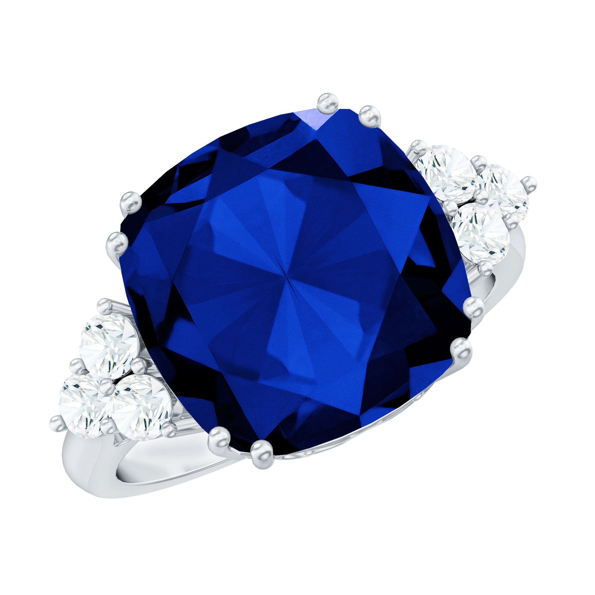 Created Blue Sapphire Solitaire Engagement Ring with Diamond Trio