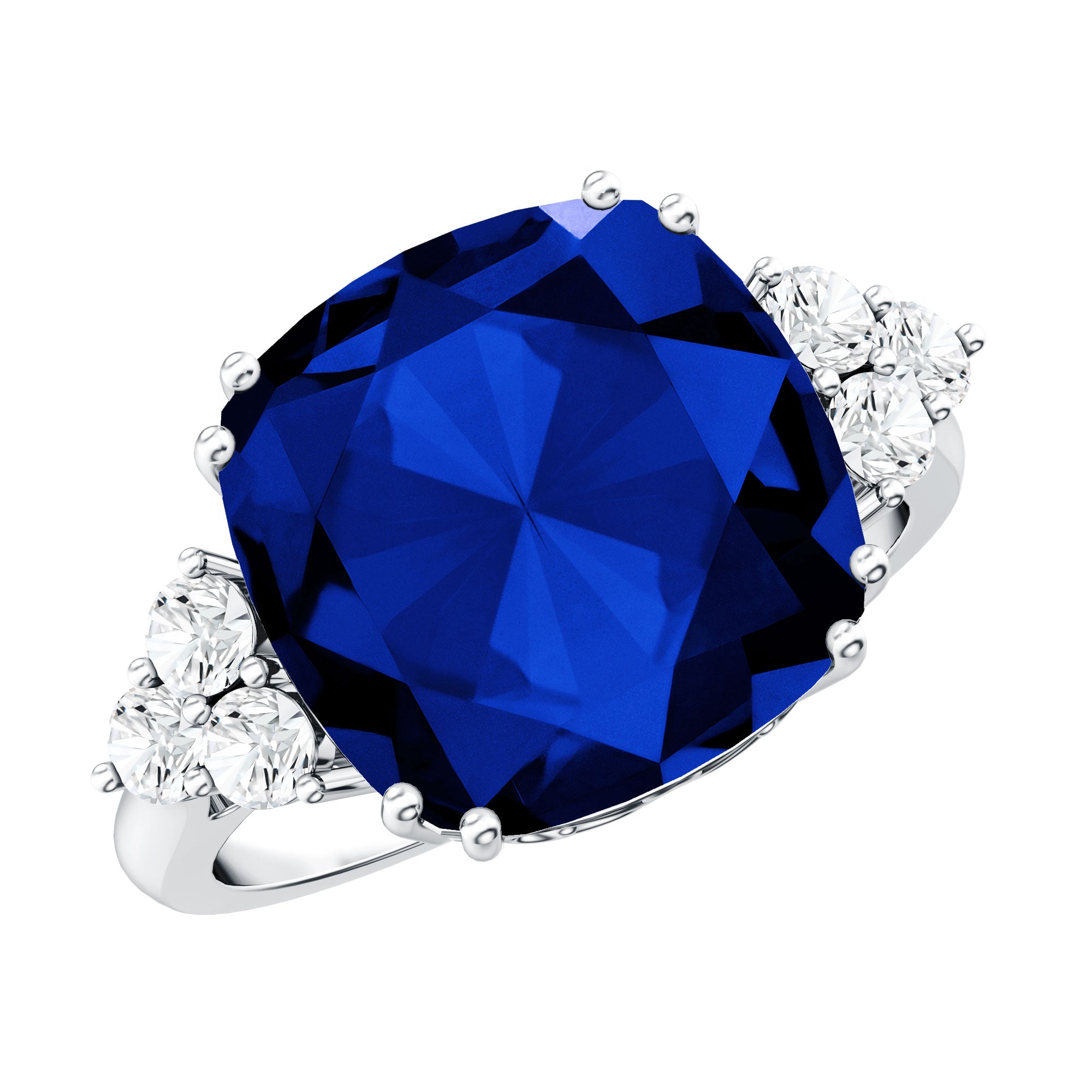 Certified 9 Carat Lab Grown Blue Sapphire Cushion Cut Engagement Ring with Diamond Trio AAAA - Rosec Jewels