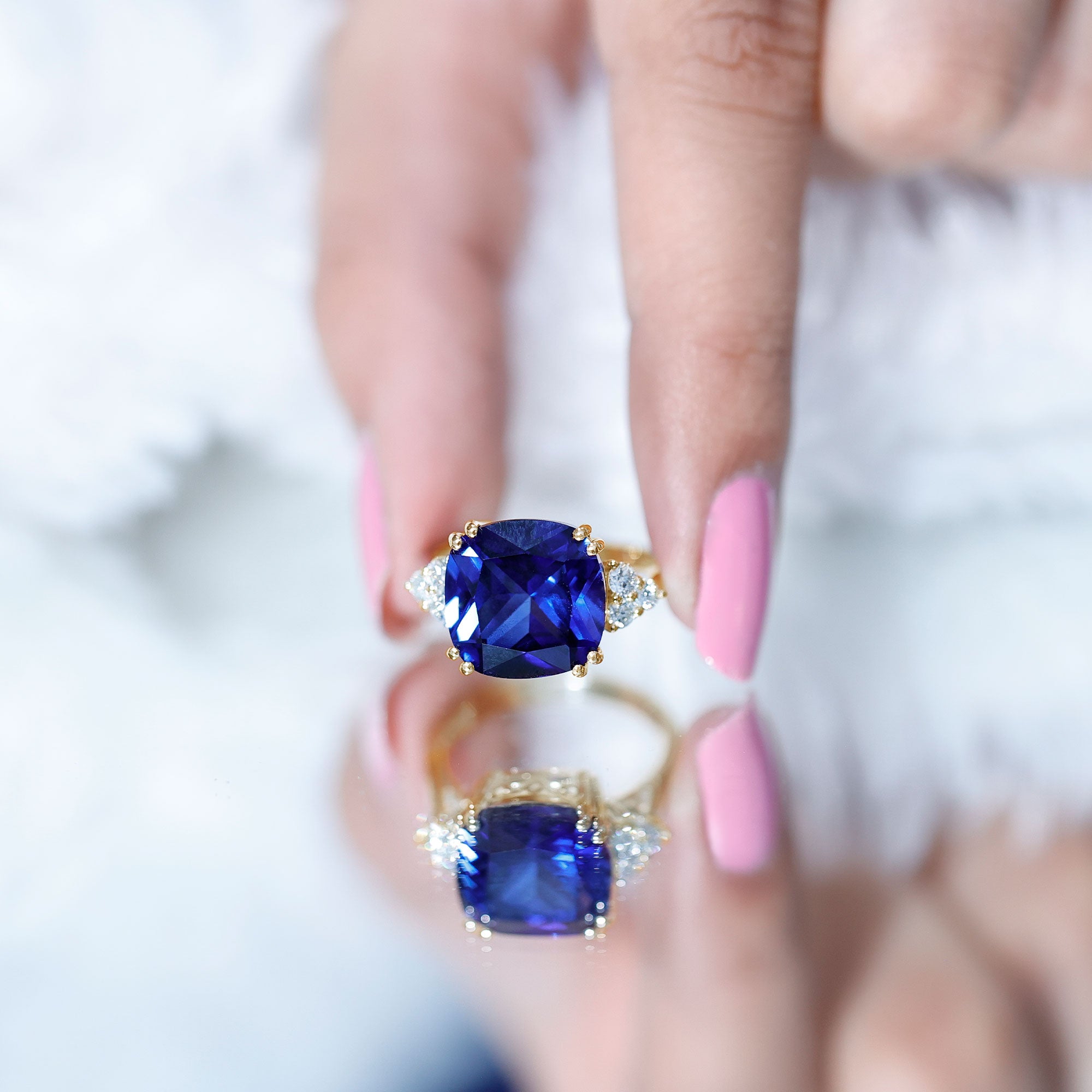 Certified 9 Carat Lab Grown Blue Sapphire Cushion Cut Engagement Ring with Diamond Trio AAAA - Rosec Jewels