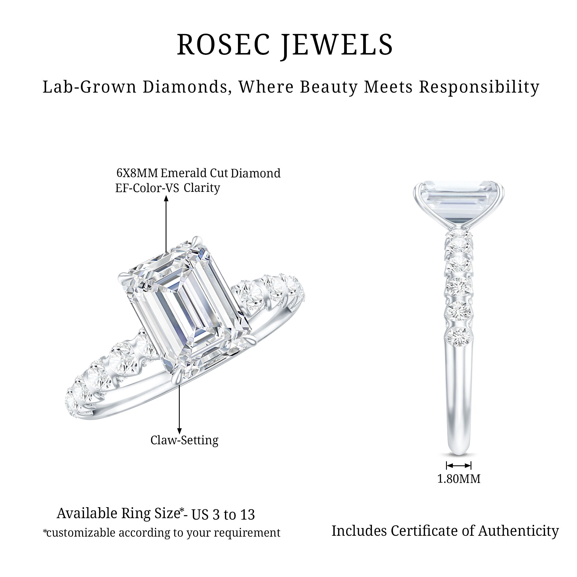 6X8 MM Emerald Cut Lab Grown Diamond Engagement Ring with Accent Lab - ( EF-VS ) - Rosec Jewels