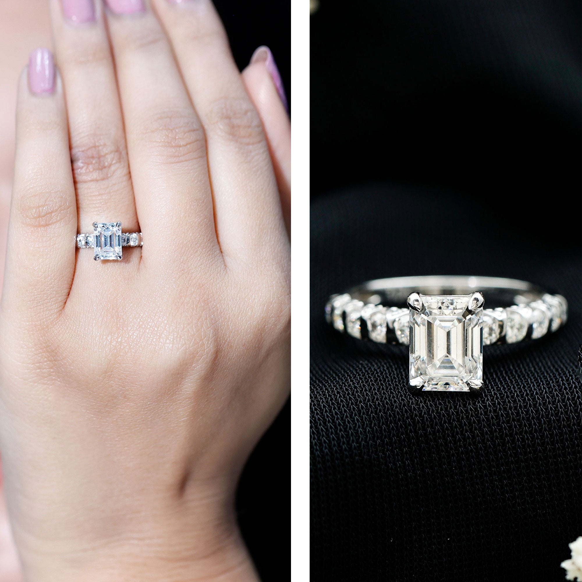 6X8 MM Emerald Cut Lab Grown Diamond Engagement Ring with Accent Lab - ( EF-VS ) - Rosec Jewels