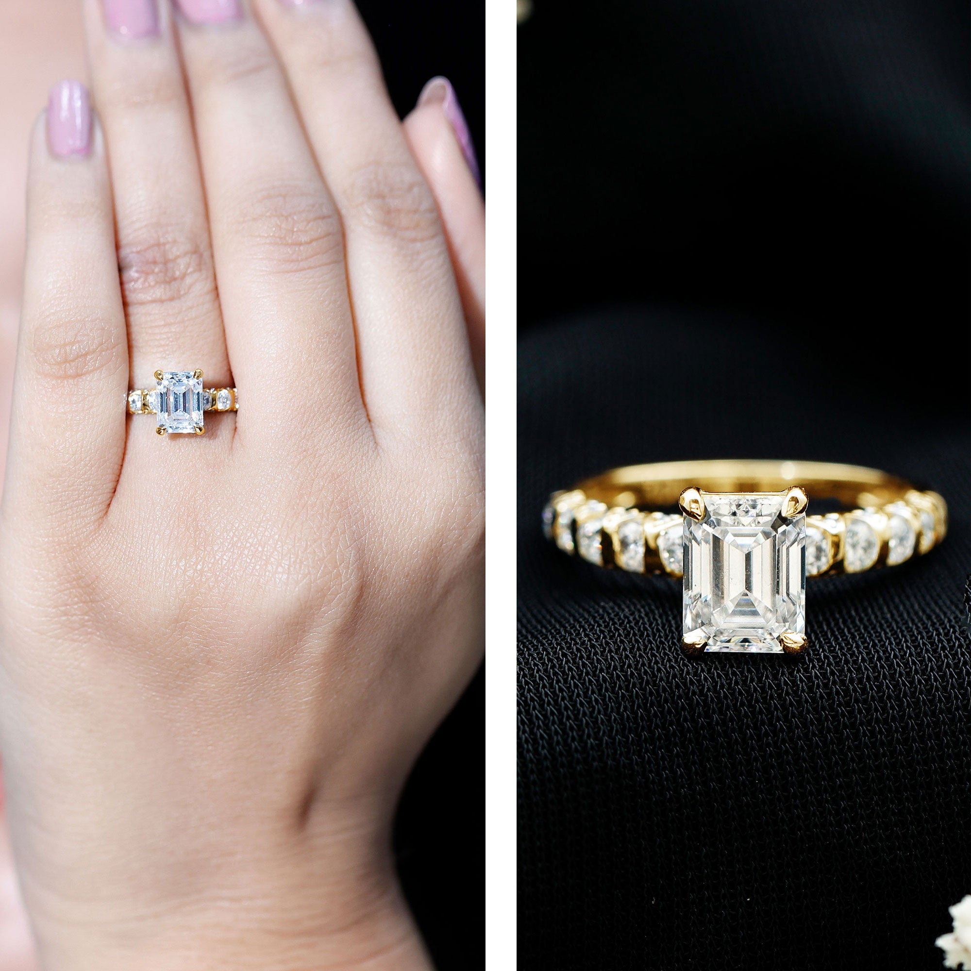 6X8 MM Emerald Cut Lab Grown Diamond Engagement Ring with Accent Lab - ( EF-VS ) - Rosec Jewels