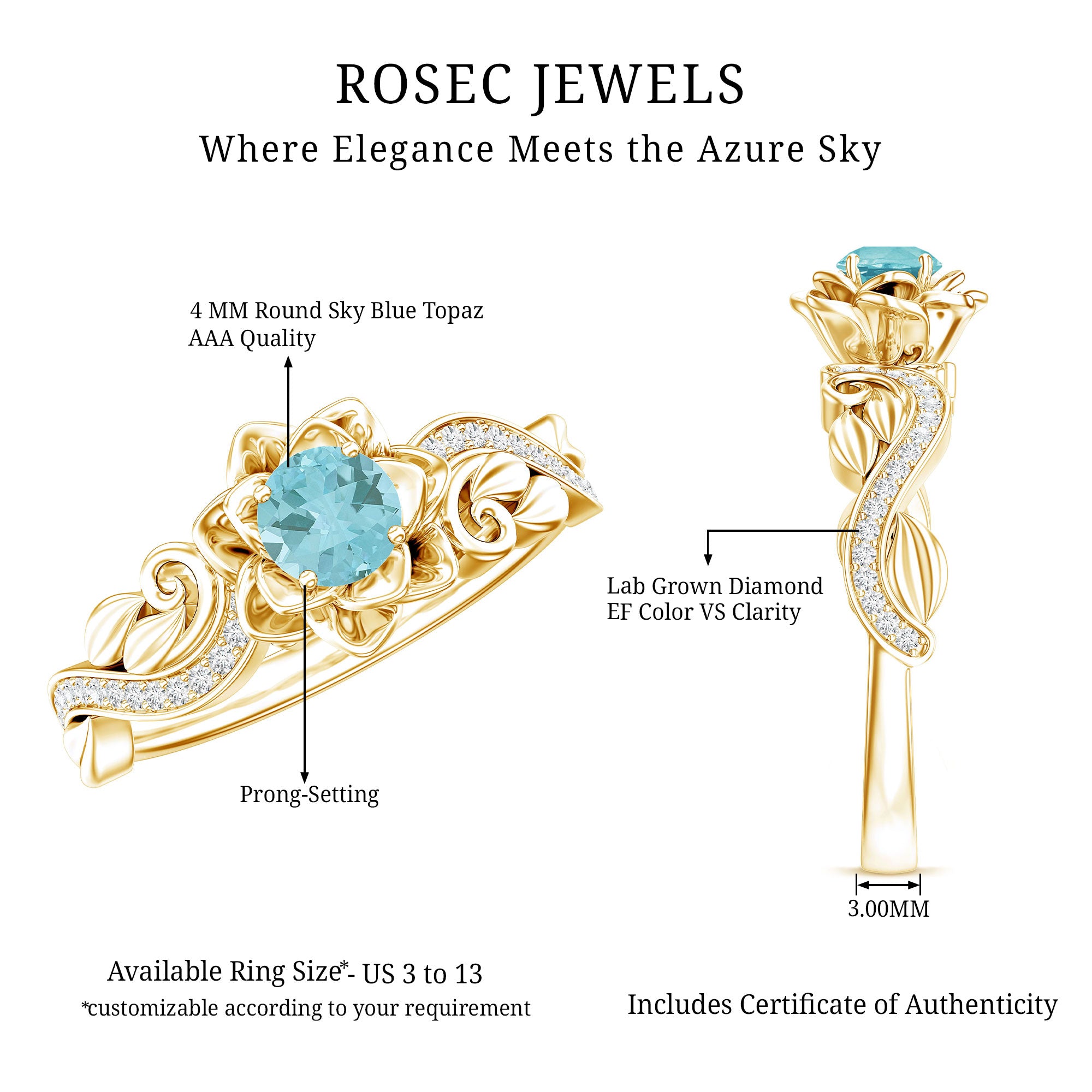 Natural Sky Blue Topaz Diamond Flower Engagement Ring AAA 14K Yellow Gold Plated Silver - Rosec Jewels