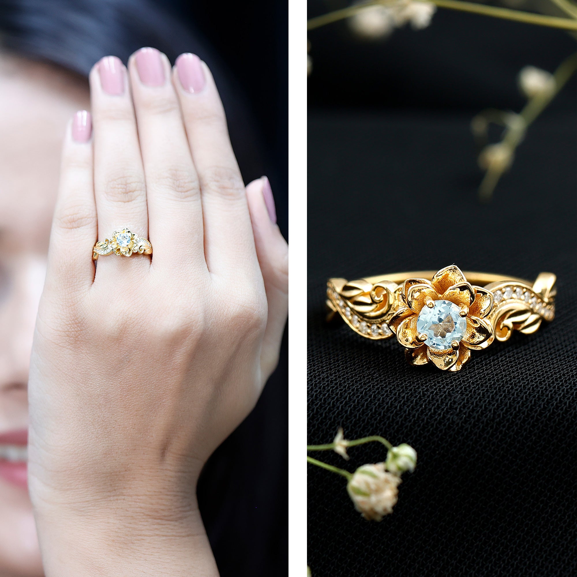 Natural Sky Blue Topaz Diamond Flower Engagement Ring AAA 14K Yellow Gold Plated Silver - Rosec Jewels