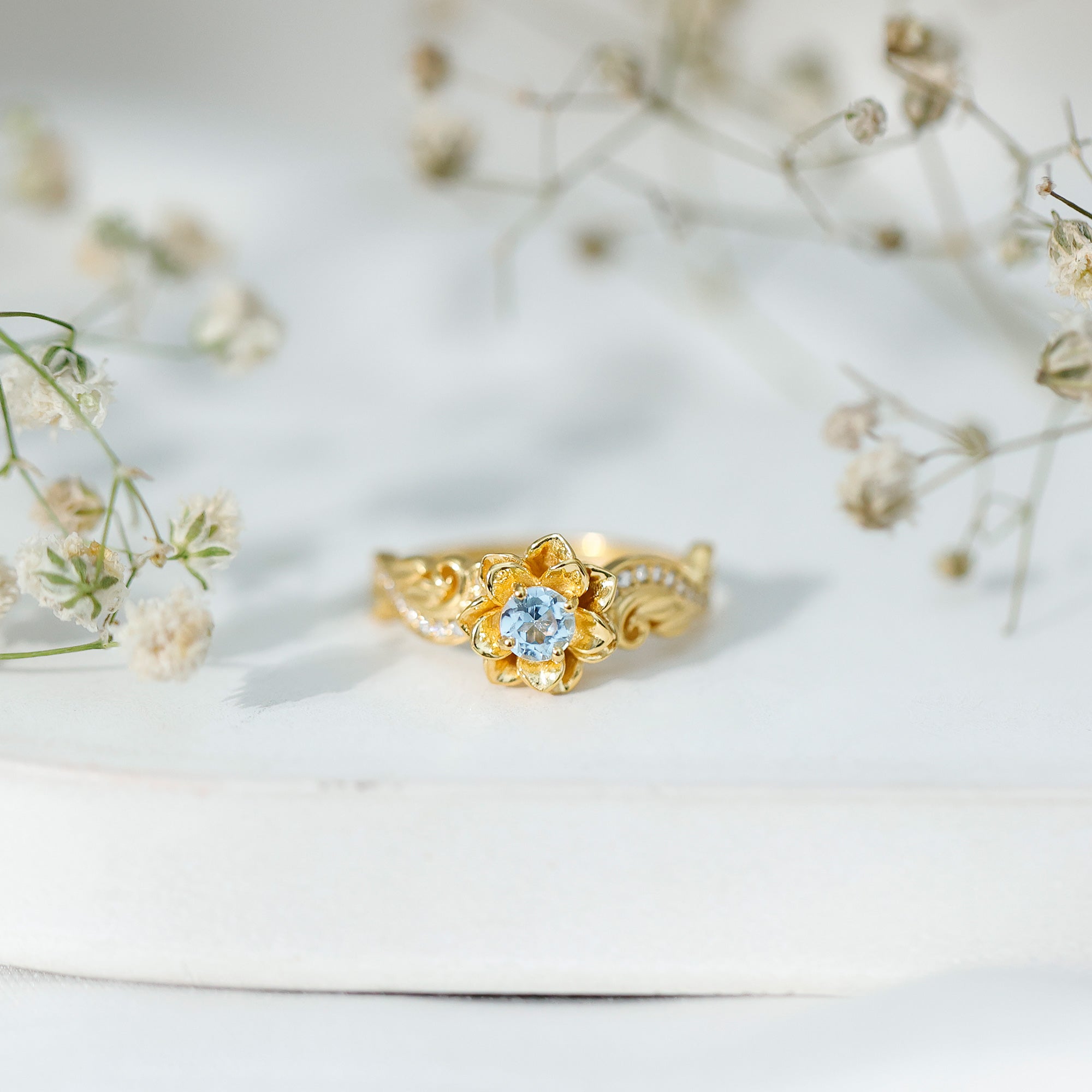 Natural Sky Blue Topaz Diamond Flower Engagement Ring AAA 14K Yellow Gold Plated Silver - Rosec Jewels