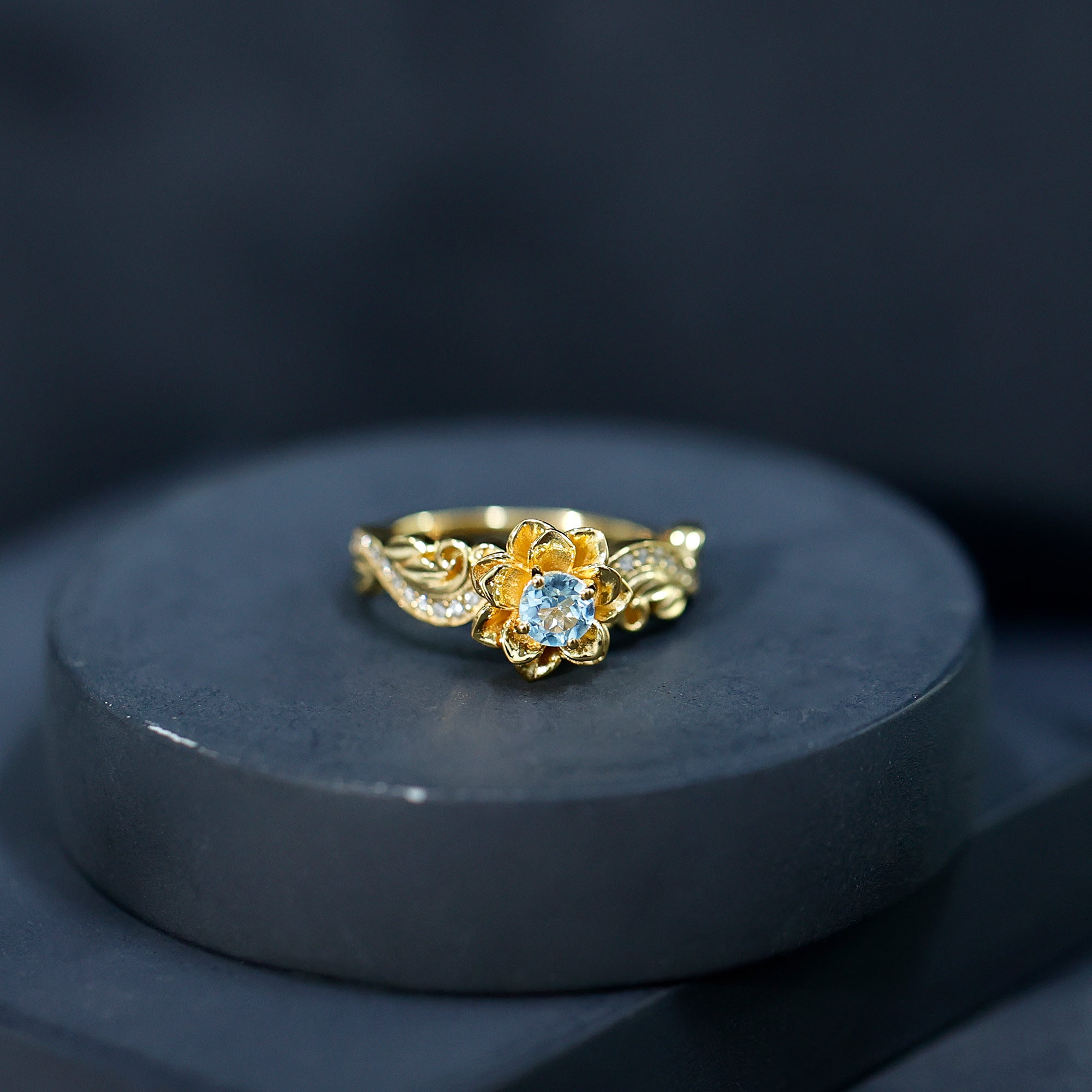 Natural Sky Blue Topaz Diamond Flower Engagement Ring AAA 14K Yellow Gold Plated Silver - Rosec Jewels
