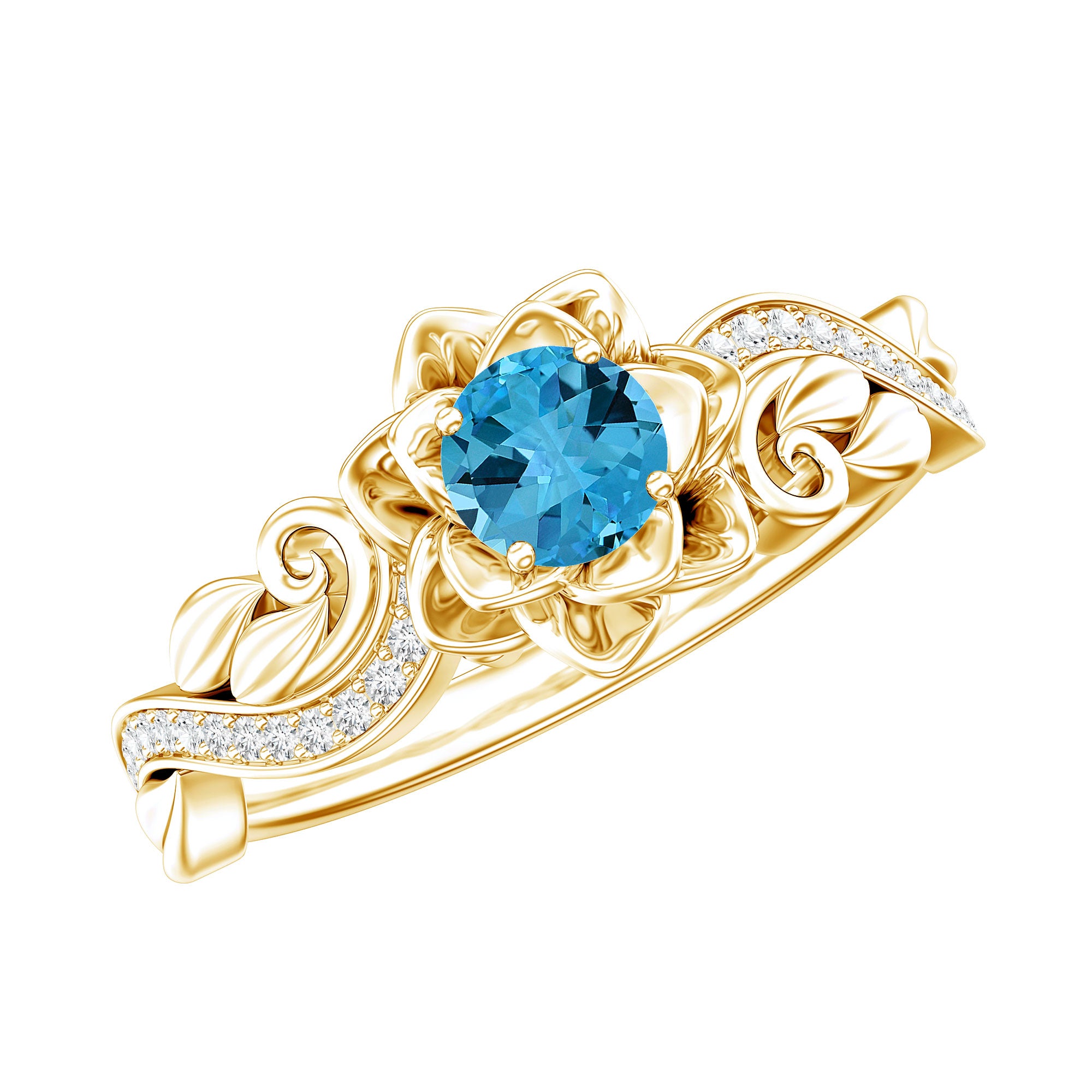 Natural Swiss Blue Topaz Flower Engagement Ring in Gold Plated Silver AAA 14K Yellow Gold Plated Silver - Rosec Jewels