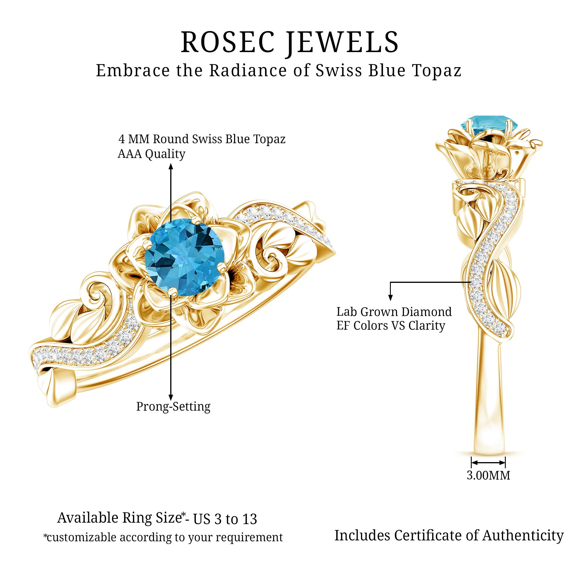 Natural Swiss Blue Topaz Flower Engagement Ring in Gold Plated Silver AAA 14K Yellow Gold Plated Silver - Rosec Jewels