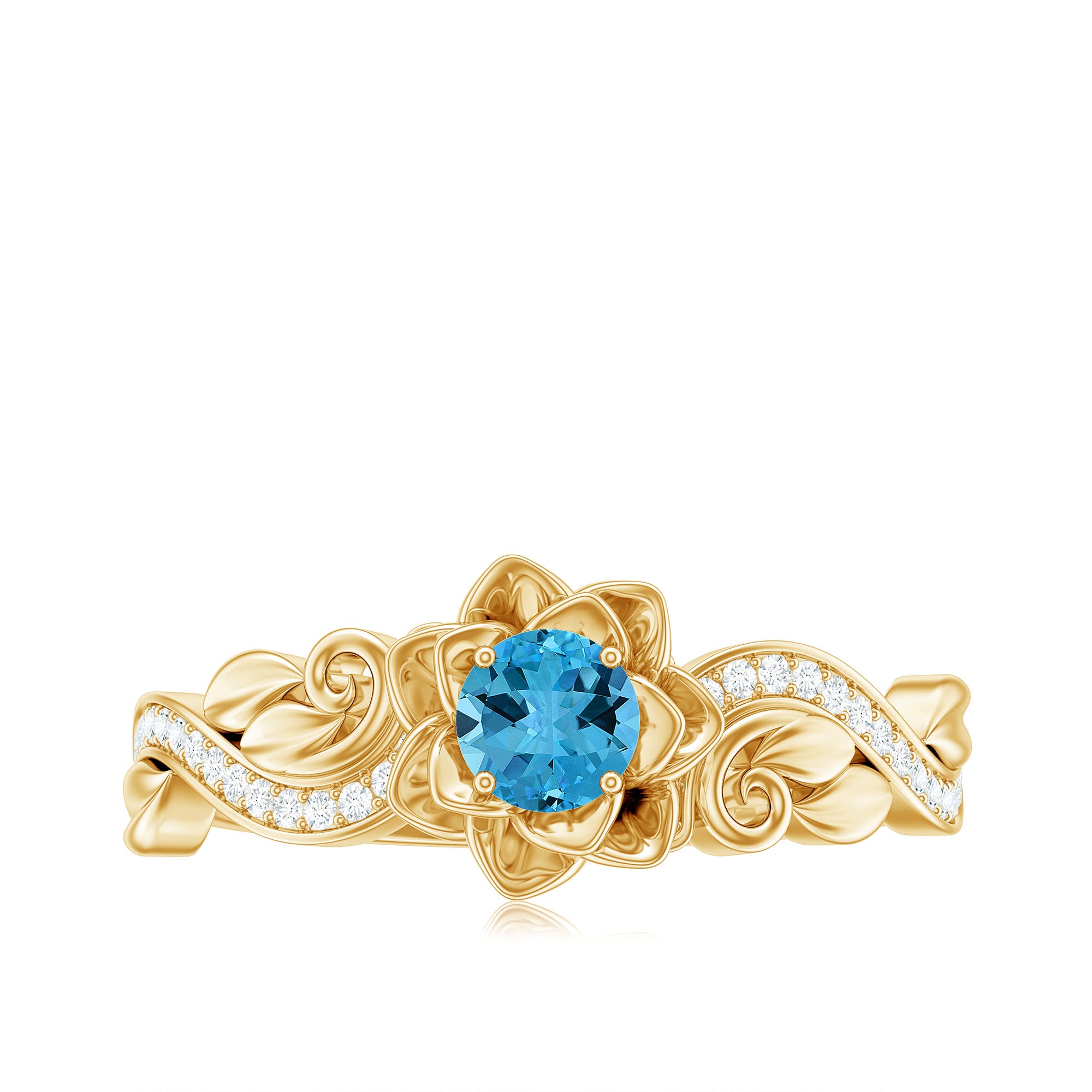 Rosec Jewels-Natural Swiss Blue Topaz Flower Engagement Ring in Gold Plated Silver
