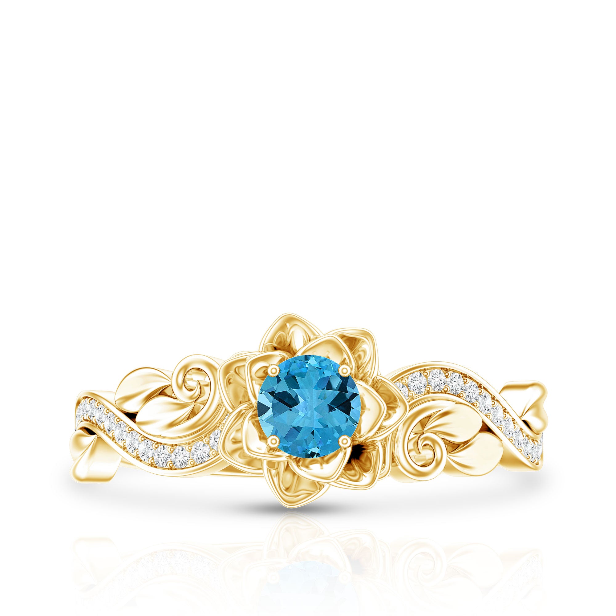 Natural Swiss Blue Topaz Flower Engagement Ring in Gold Plated Silver AAA 14K Yellow Gold Plated Silver - Rosec Jewels