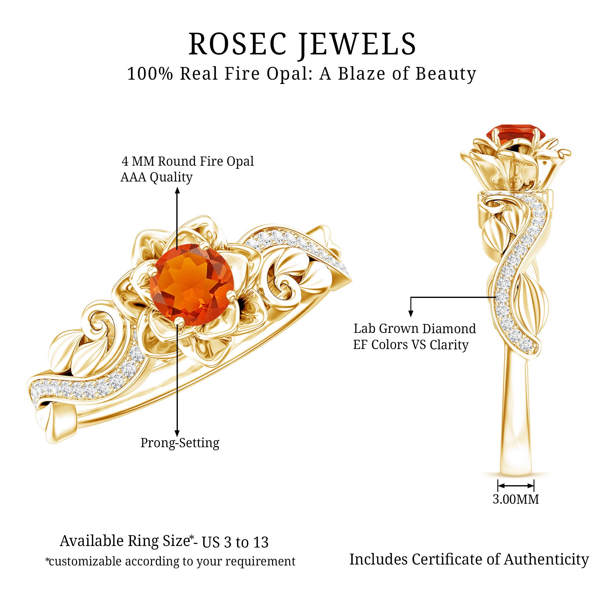 Certified Fire Opal and Diamond Rose Flower Engagement Ring AAA 14K Yellow Gold Plated Silver - Rosec Jewels