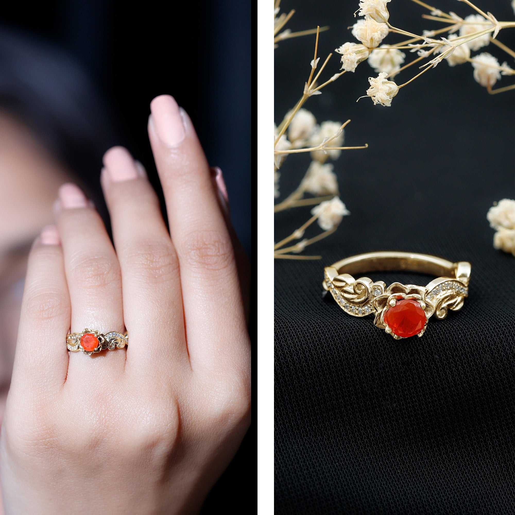 Certified Fire Opal and Diamond Rose Flower Engagement Ring AAA 14K Yellow Gold Plated Silver - Rosec Jewels