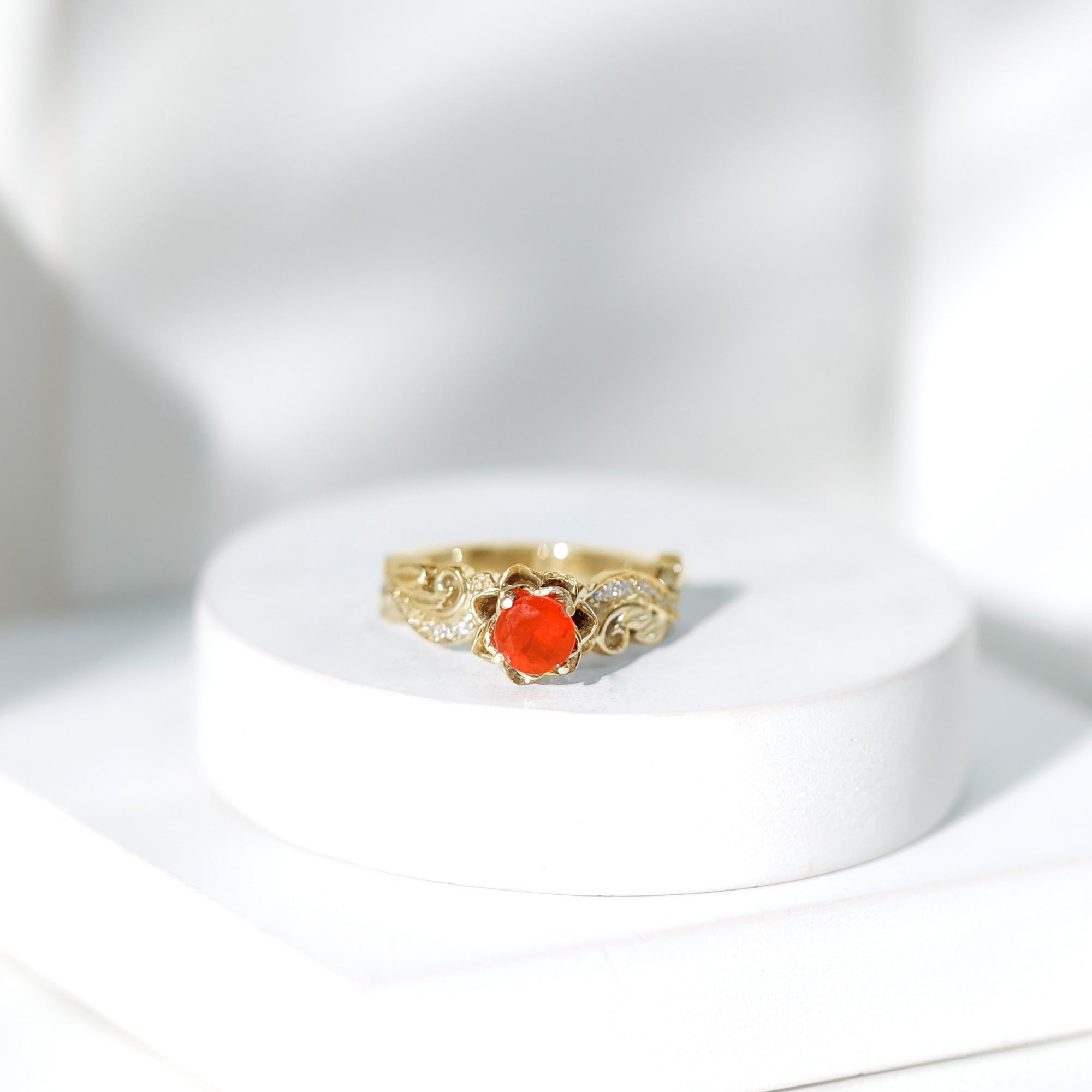 Certified Fire Opal and Diamond Rose Flower Engagement Ring AAA 14K Yellow Gold Plated Silver - Rosec Jewels