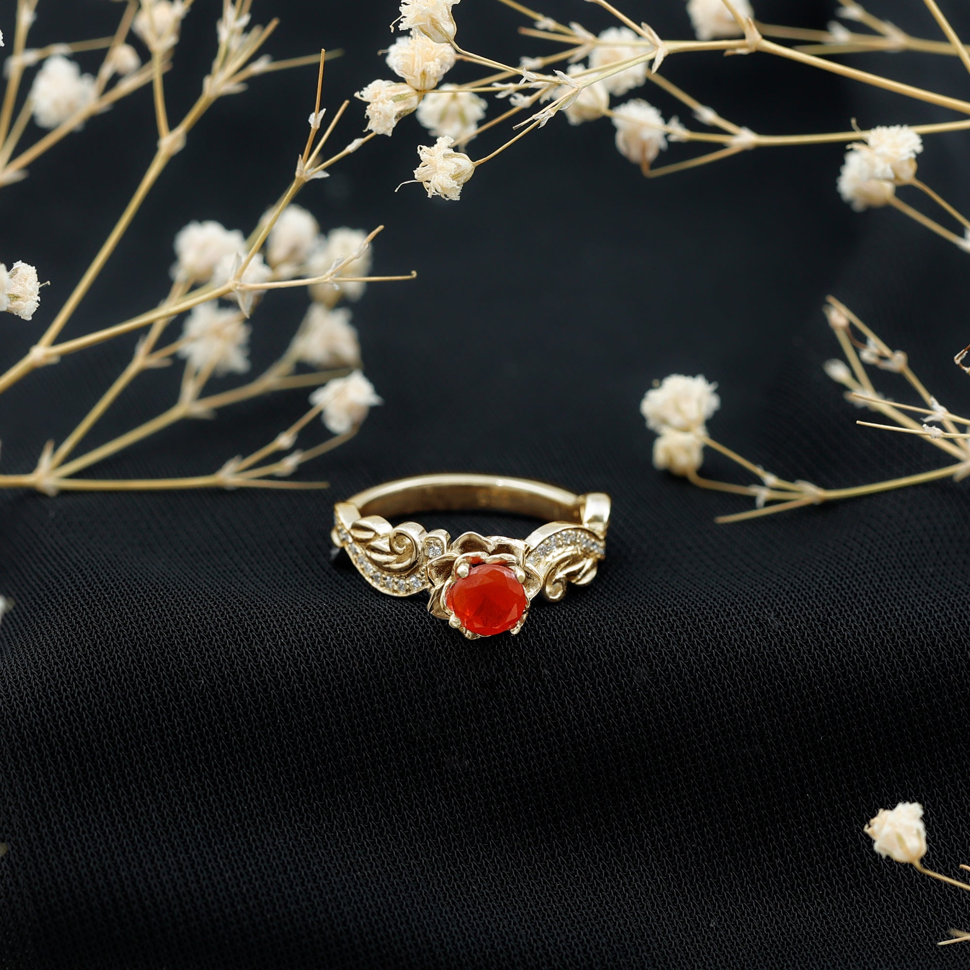Certified Fire Opal and Diamond Rose Flower Engagement Ring AAA 14K Yellow Gold Plated Silver - Rosec Jewels