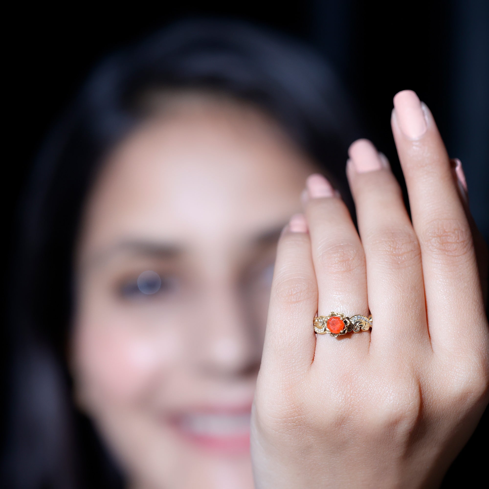 Certified Fire Opal and Diamond Rose Flower Engagement Ring AAA 14K Yellow Gold Plated Silver - Rosec Jewels