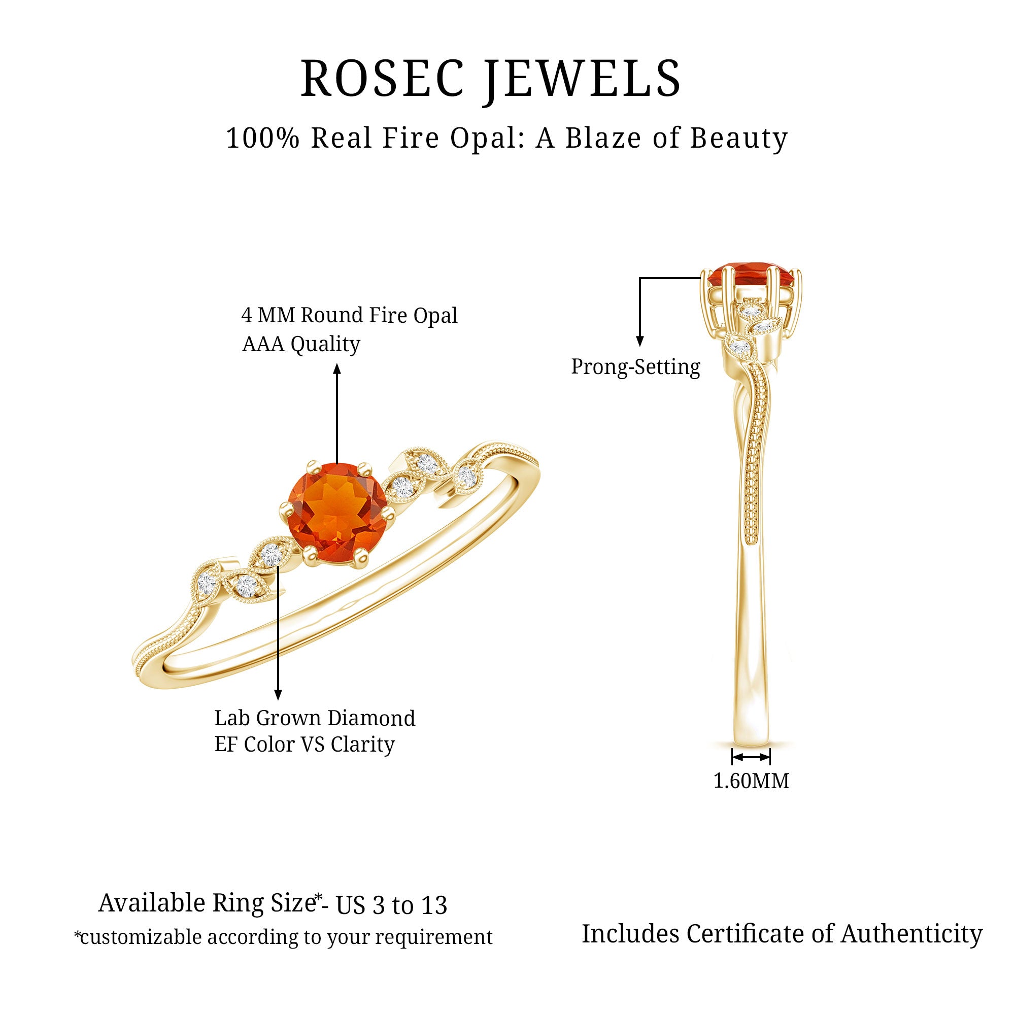 Minimalist Fire Opal and Diamond Promise Ring for Women AAA 14K Yellow Gold Plated Silver - Rosec Jewels
