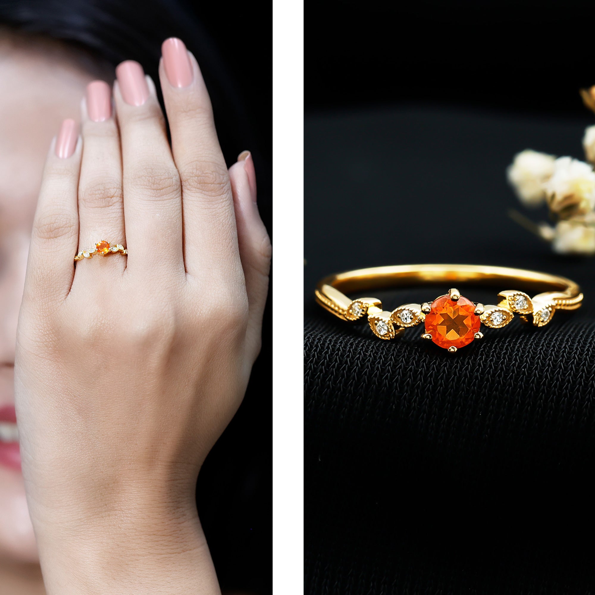 Minimalist Fire Opal and Diamond Promise Ring for Women AAA 14K Yellow Gold Plated Silver - Rosec Jewels