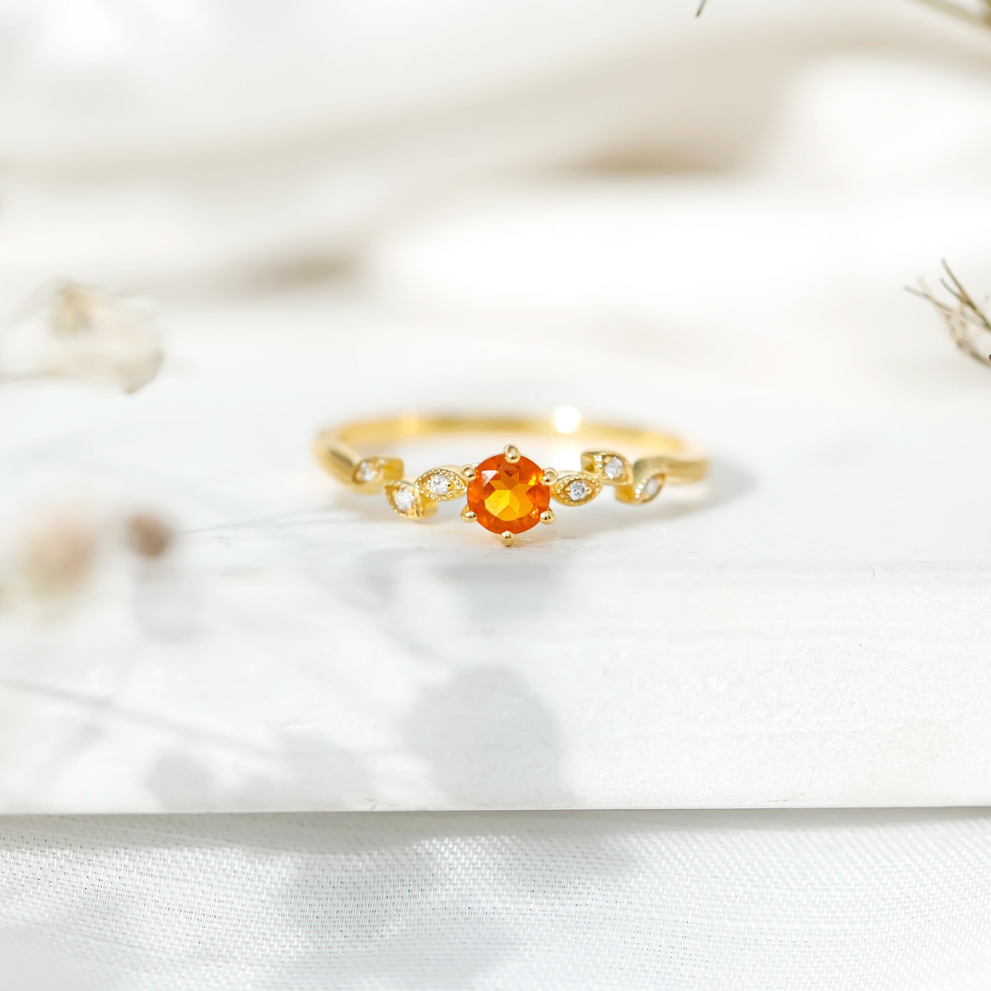 Minimalist Fire Opal and Diamond Promise Ring for Women AAA 14K Yellow Gold Plated Silver - Rosec Jewels