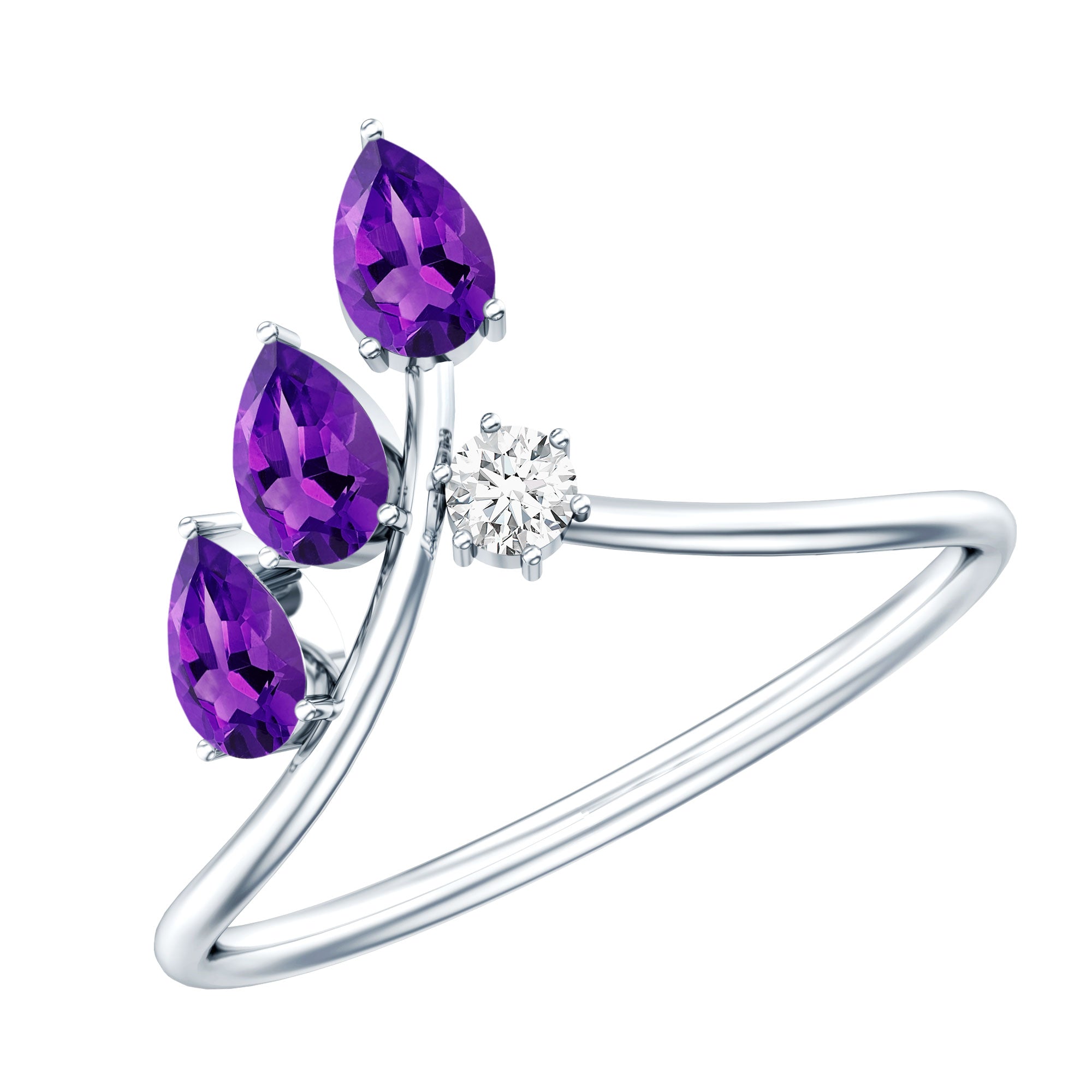 Real Pear Shaped Amethyst and Diamond Ring For Women Lab - ( EF-VS ) 92.5 Sterling Silver - Rosec Jewels