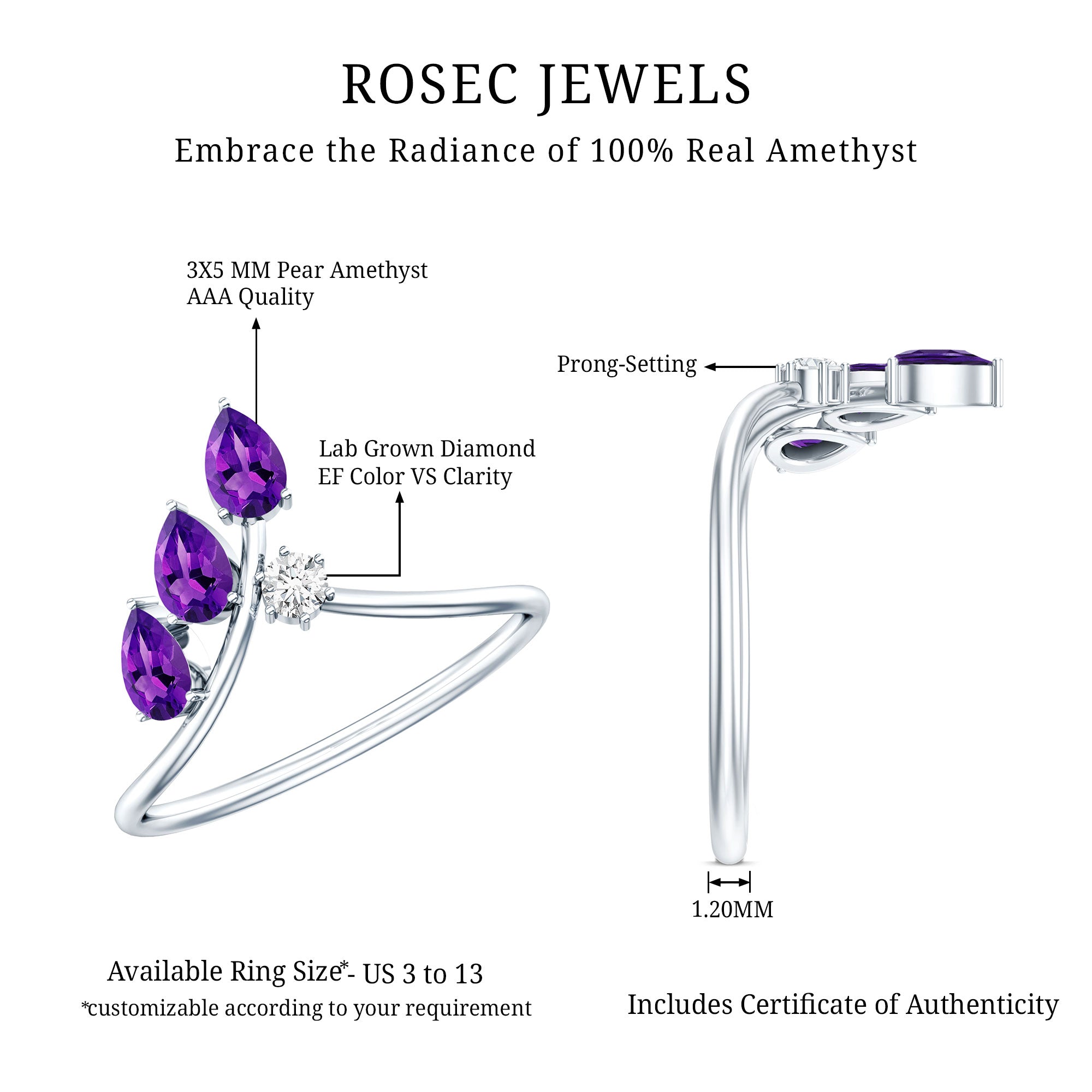 Real Pear Shaped Amethyst and Diamond Ring For Women Lab - ( EF-VS ) 92.5 Sterling Silver - Rosec Jewels