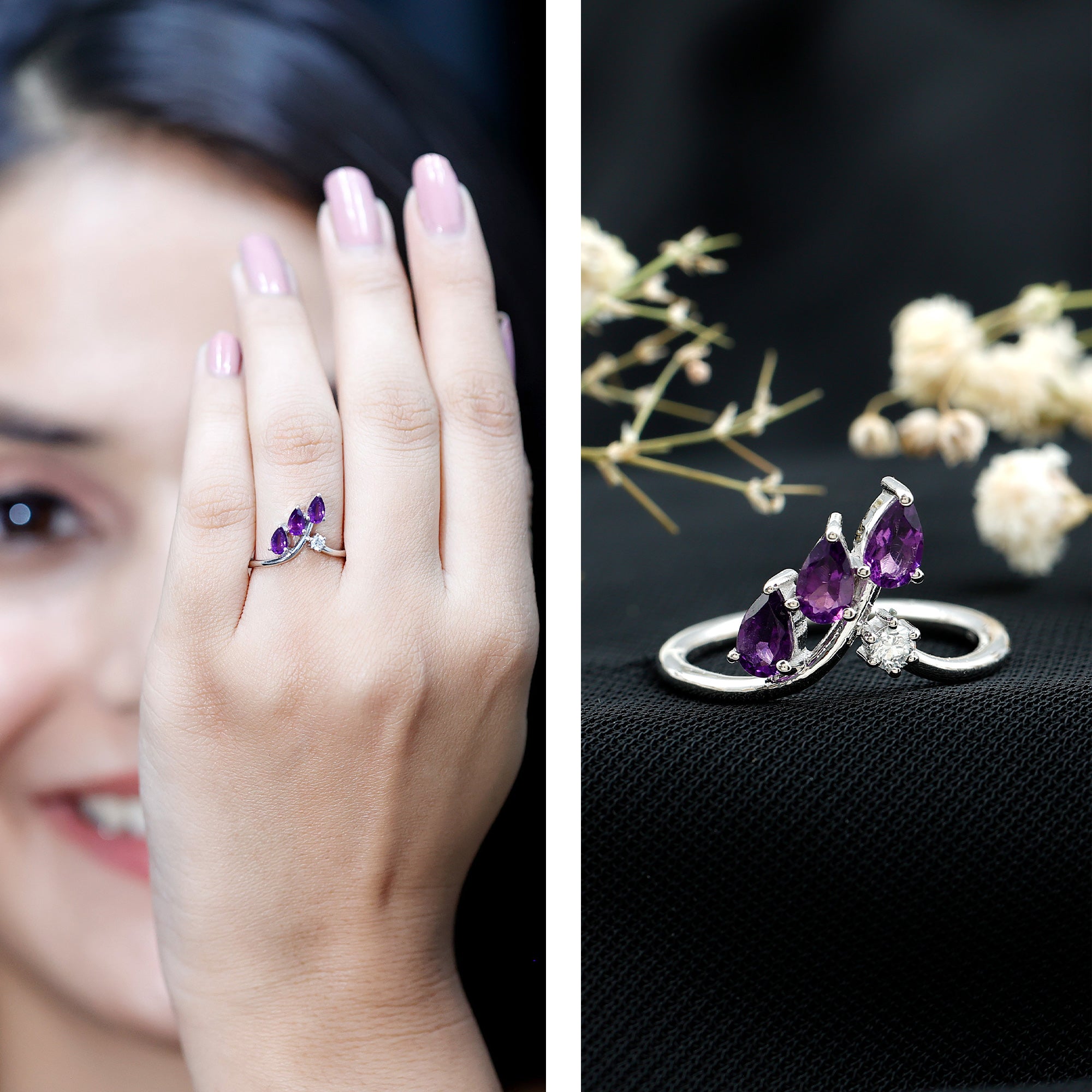 Real Pear Shaped Amethyst and Diamond Ring For Women Lab - ( EF-VS ) 92.5 Sterling Silver - Rosec Jewels