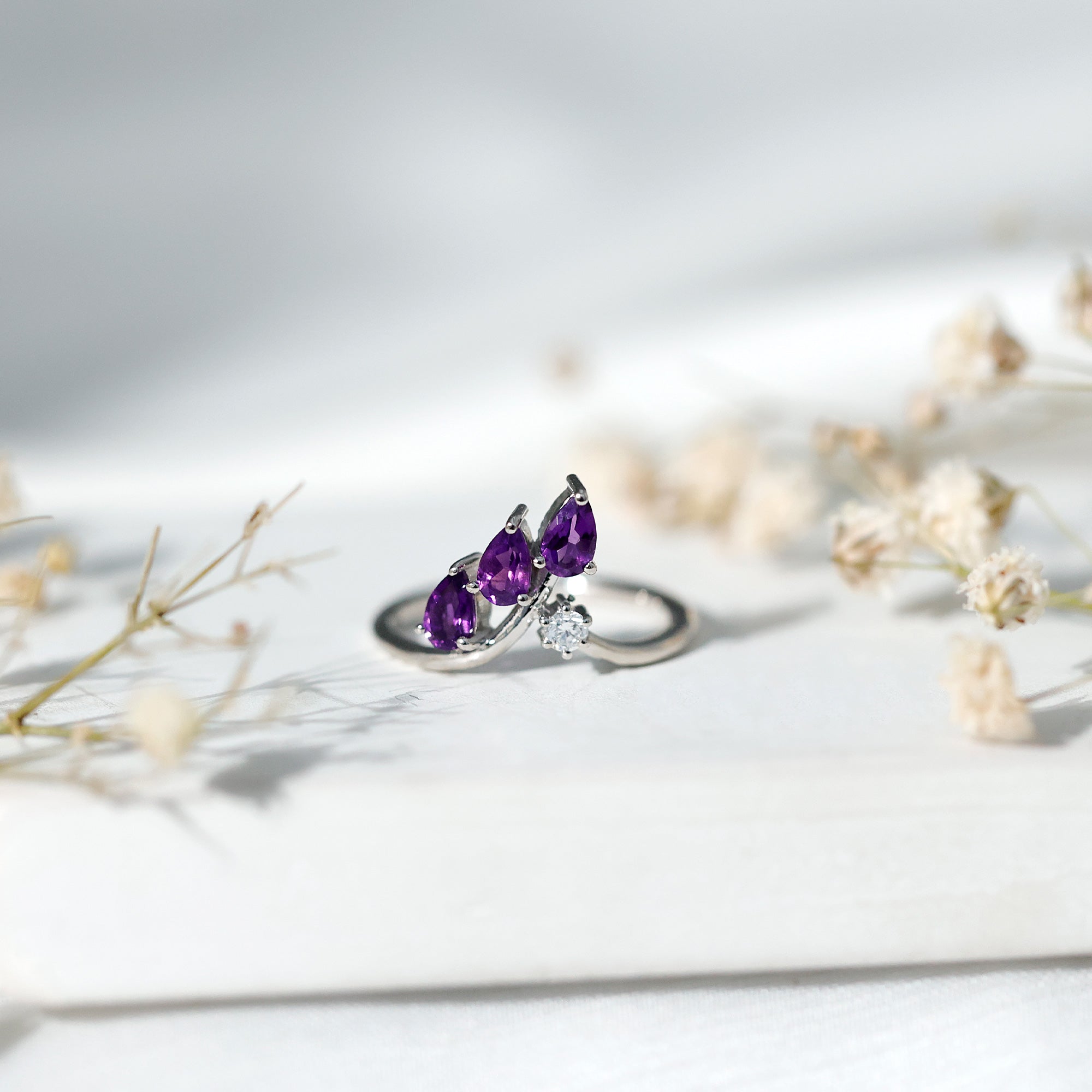 Real Pear Shaped Amethyst and Diamond Ring For Women Lab - ( EF-VS ) 92.5 Sterling Silver - Rosec Jewels