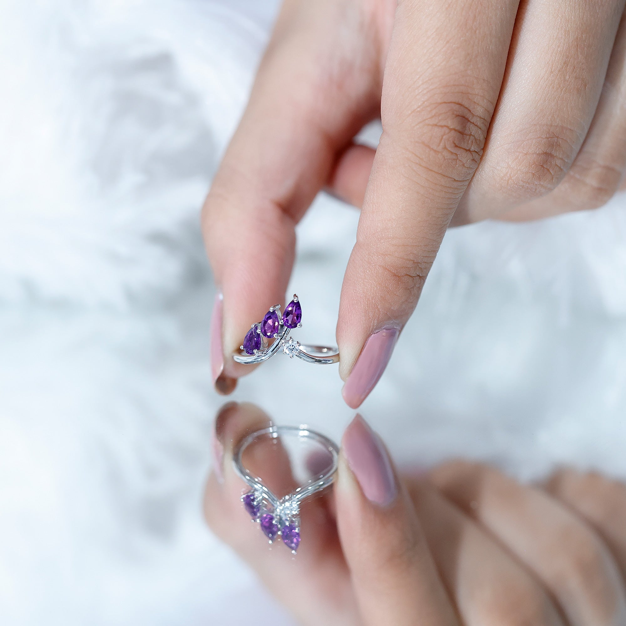 Real Pear Shaped Amethyst and Diamond Ring For Women Lab - ( EF-VS ) 92.5 Sterling Silver - Rosec Jewels