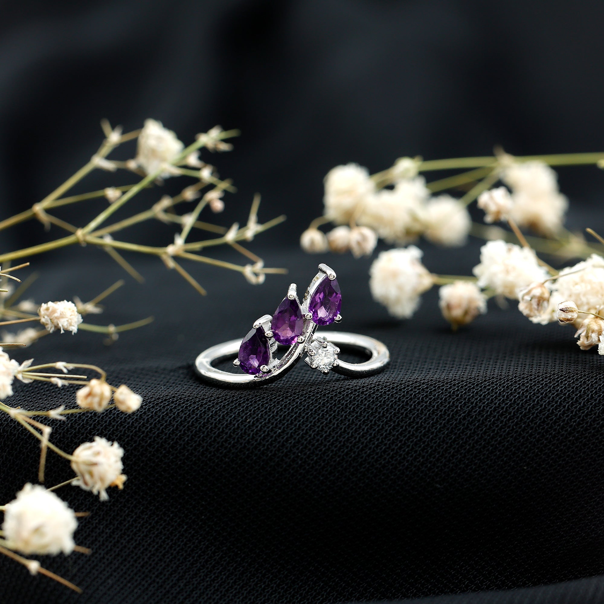 Real Pear Shaped Amethyst and Diamond Ring For Women Lab - ( EF-VS ) 92.5 Sterling Silver - Rosec Jewels